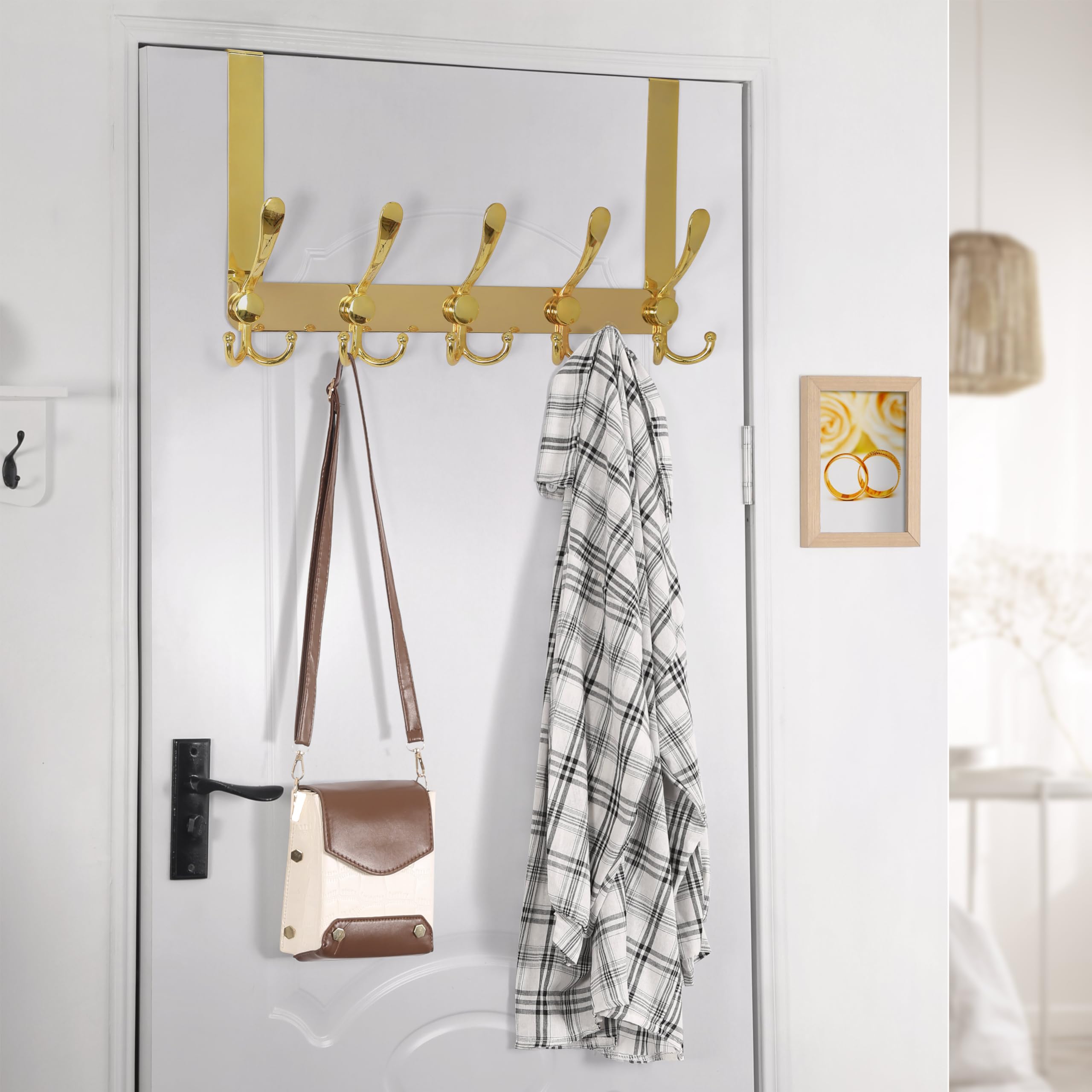 Dseap Türgarderobe zum Einhängen, Edelstahl Türhaken Innenseite, Türhakenleiste, Kleiderhaken Tür, Türaufhänger, für Kleidung Hut Handtuch Mantel, mit 5 Dreifachhaken, Gold