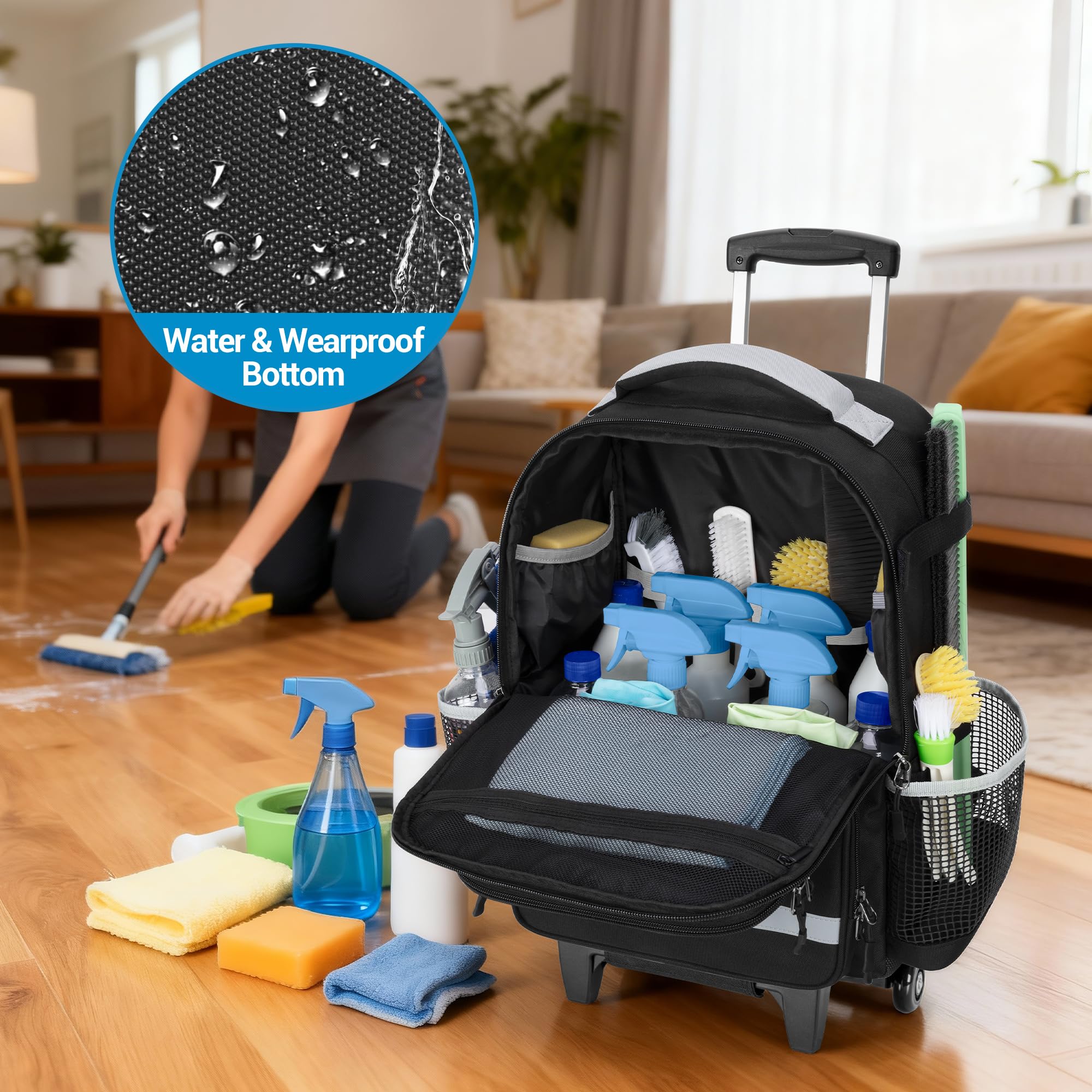 HODRANT Zaino Trolley di Grandi Dimensioni per la Pulizia, Solo Borsa | Borsa per la Pulizia con Carrello Rimovibile, Base Impermeabile, Maniglia e Piastra di Supporto per Ausili Domestici