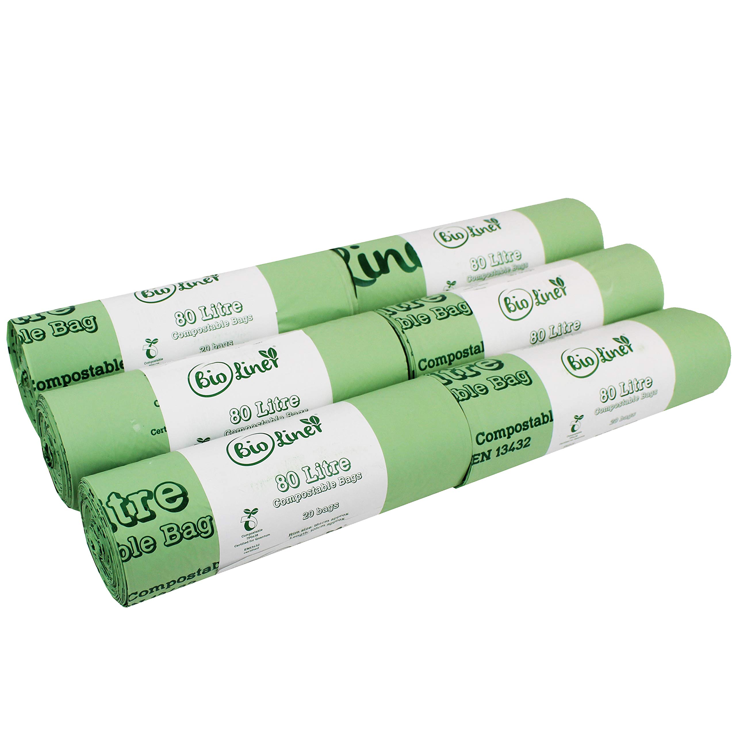 Bioliner 80L Compostable Bin Bags - 6 Rolls - Green Cornstarch