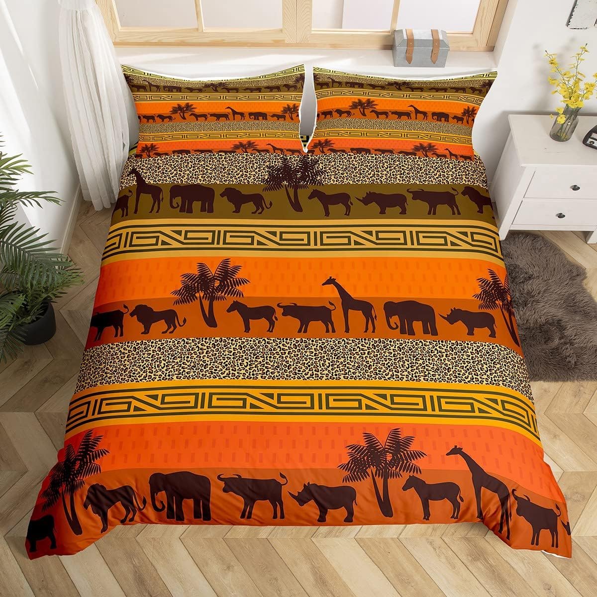 Komplet pościeli 3D z miękkiej mikrofibry 200 x 220 cm, afrykańskie zwierzęta, 3-częściowy, dwustronny komplet pościeli z 2 poszewkami na poduszkę b1727