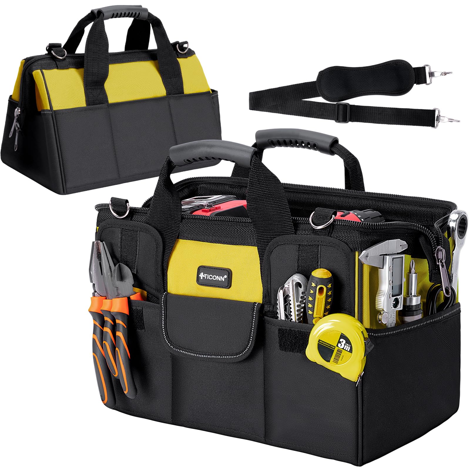 TICONN Heavy Duty Tool Bag with Multi-Pockets, Portable Tool Box Organizer Storage Bag, with Adjustable Shoulder Strap and Ergonomic Handle (Yellow,