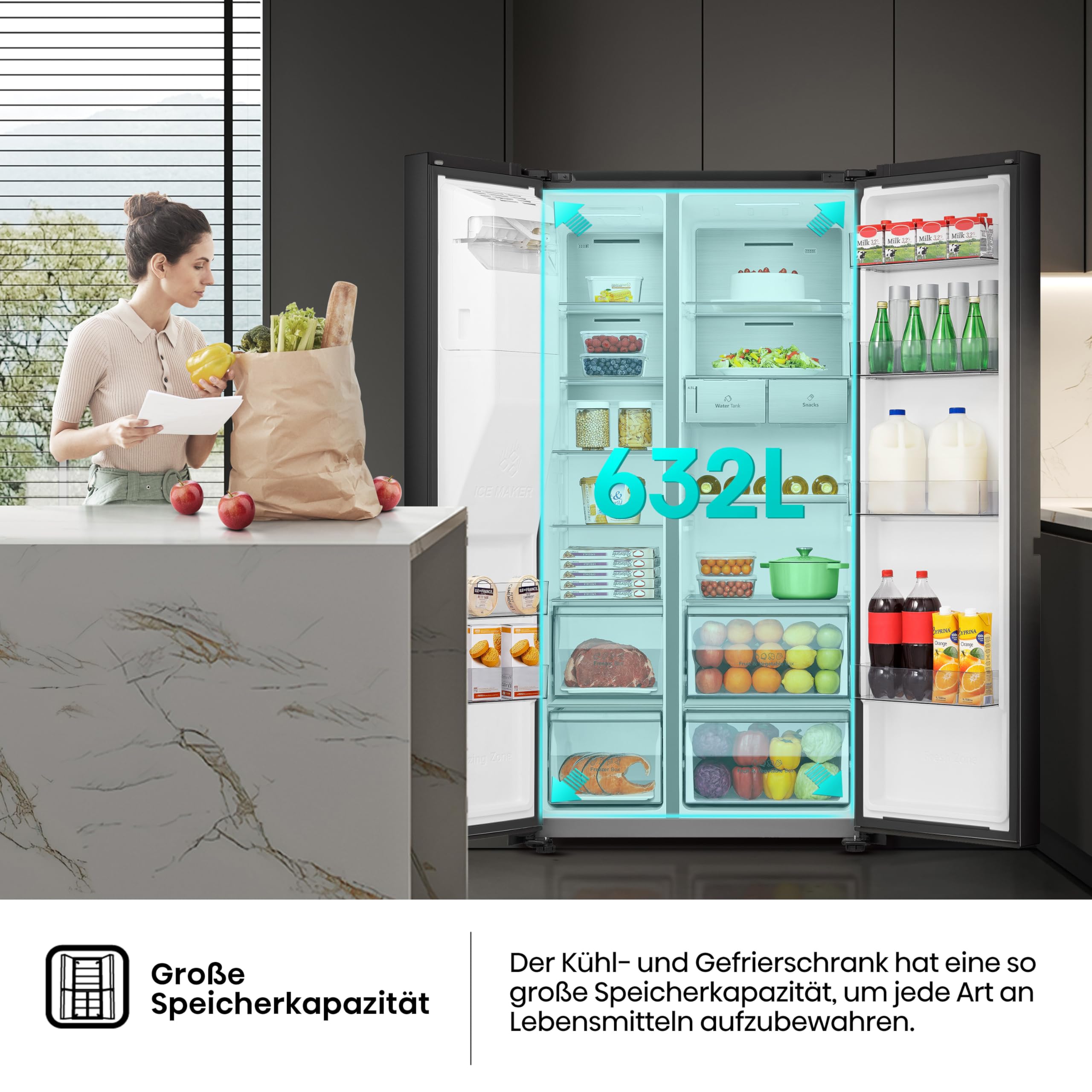 Hisense RS818N4TFC Side by Side – Kühl-Gefrierkombination, EEK C, Eis-Wasserspender, LED Display, Total No Frost, Multi Air Flow, Fast Freeze, schwarz