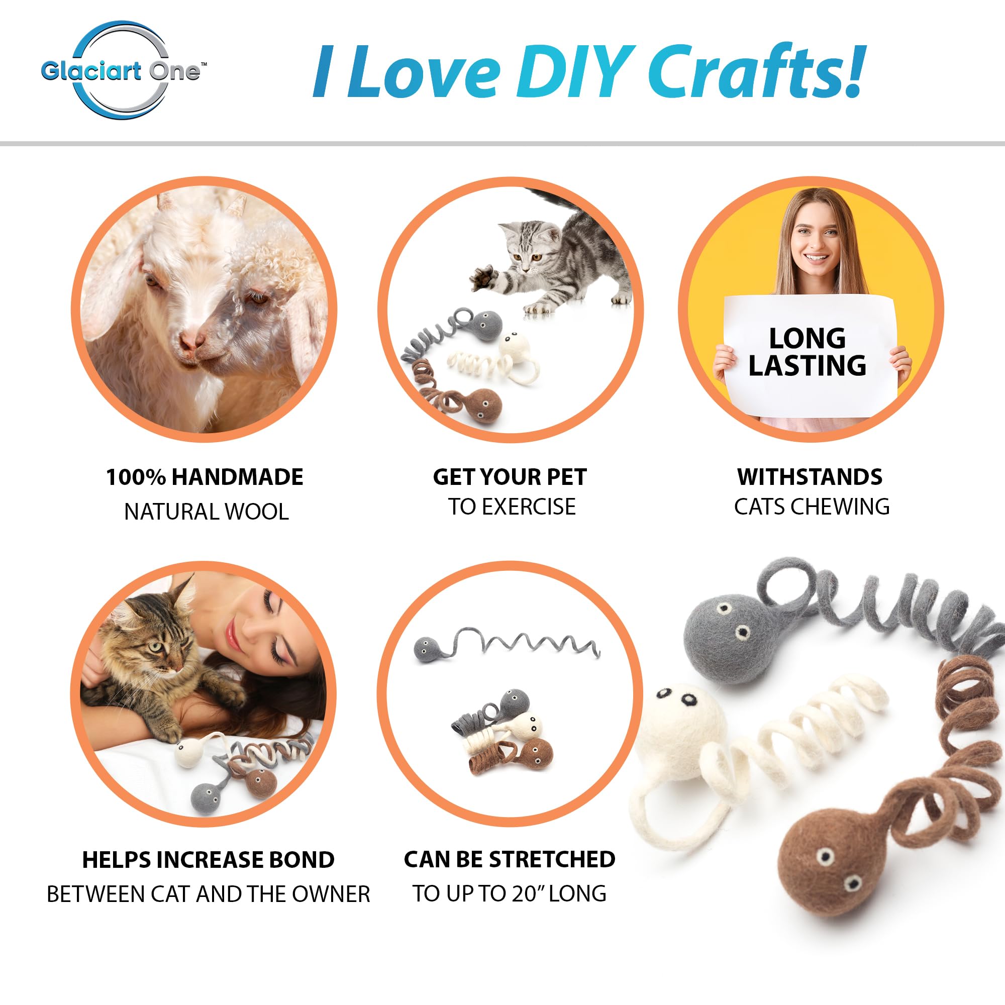 Glaciart One Felt Spring Cat Toy – 3 Pcs Soft Fuzzy Enrichment 100% Natural Wool - Interactive Stretchable Play Set - Safe for Pets, Non-AZO Colored Dyes - 4” Long