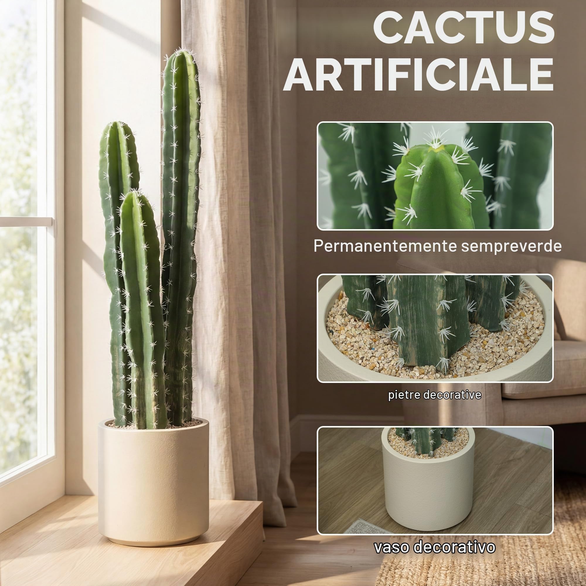 HOMCOM Pianta artificiale di cactus, grande 95 cm, piante artificiali in vaso, cactus a colonna, come vero cactus, decorazione per casa, ufficio, regali di inaugurazione della casa