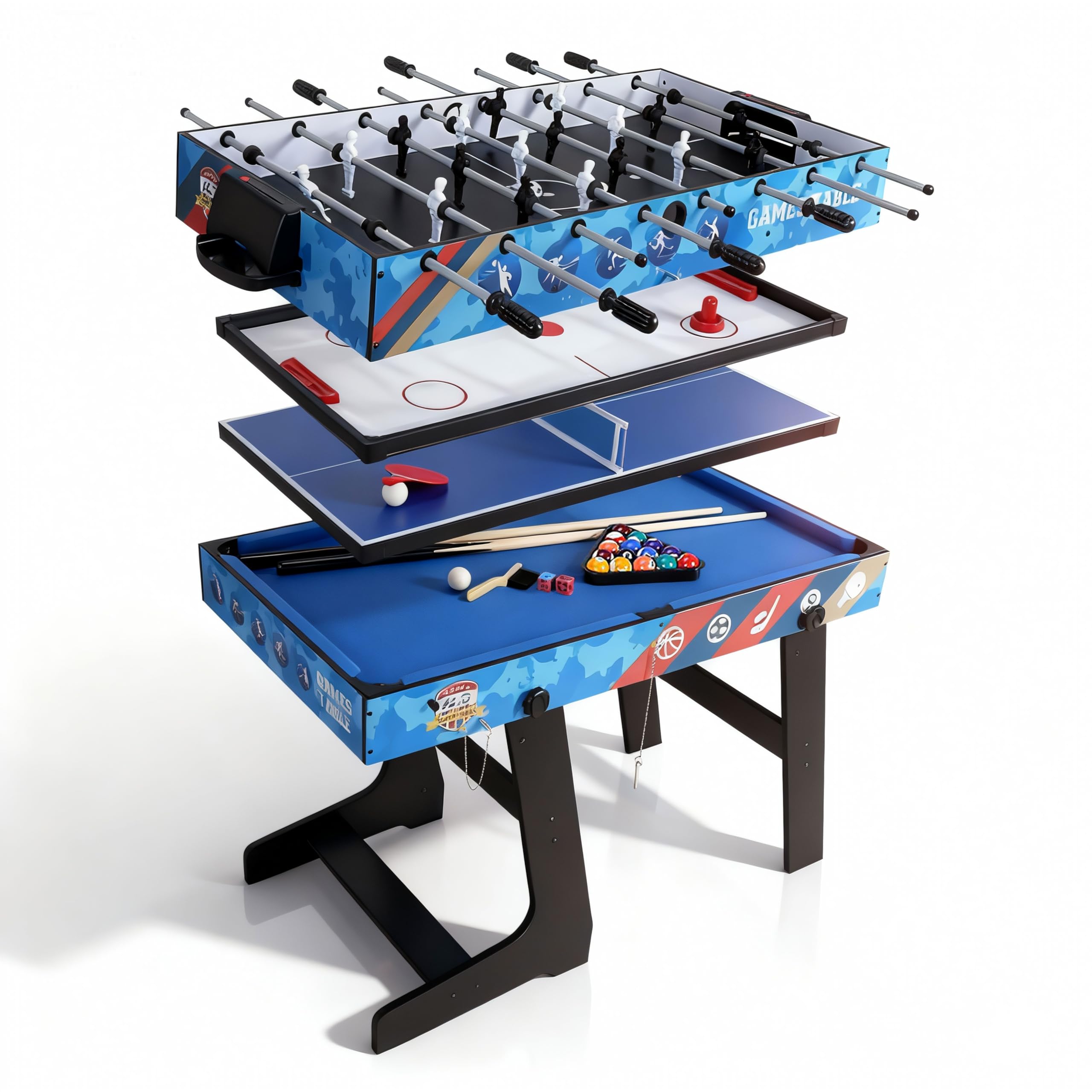 5 In 1 Muliti Sports Game Table, Folding 4FT Combo Table-Soccer Foosball Table, Pool Table, Air Hockey Table, Table Tennis Table,Basketball Great Gifts for Kids (Blue)