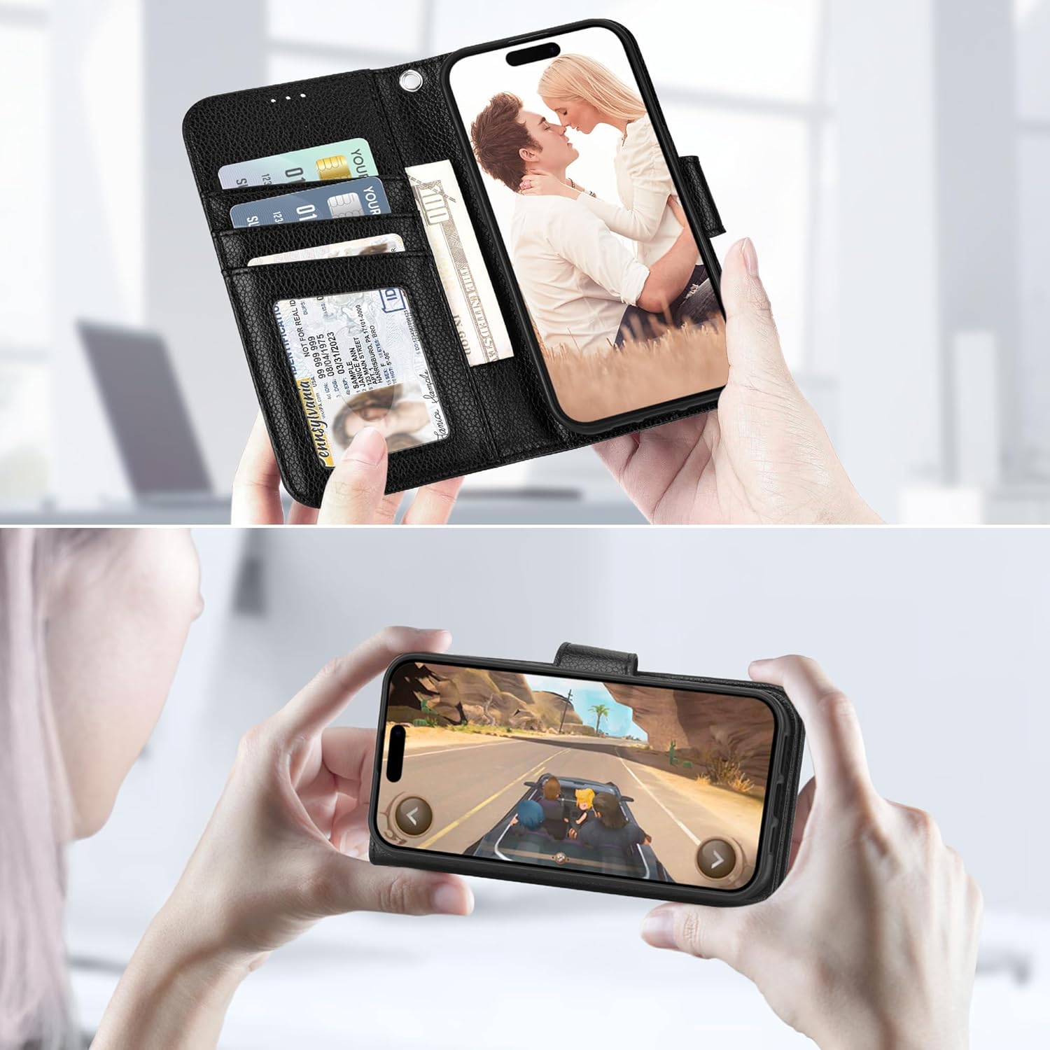 Arae Compatible with iPhone 17 Pro Case Wallet with Card Holder, Wristlet Strap Wallet Flip Cover for iPhone 17 Pro 6.3 inch Men/Women, RFID Blocking, Kickstand, Litchi Black - Image 8