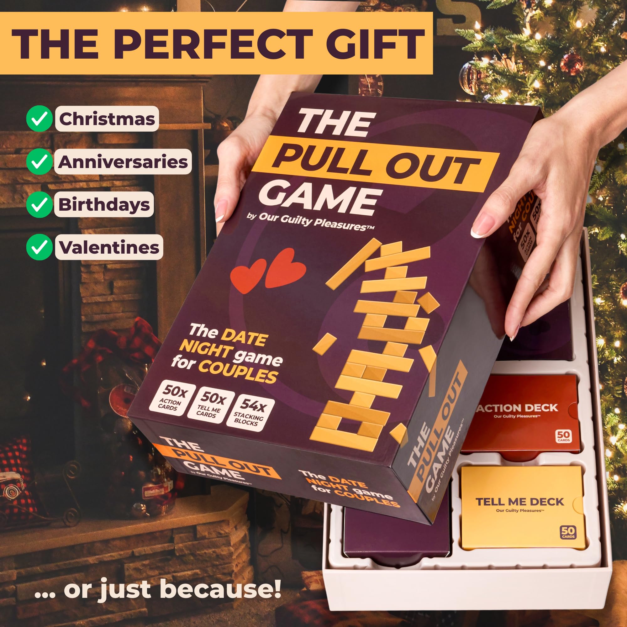 Our Guilty Pleasures The Pull Out Game - Flirty Date Night Game for Couples, Romantic Block Tower with 100 Cards, 50 Action & 50 Tell Me - Perfect for Any Relationship or Valentines Day Gift
