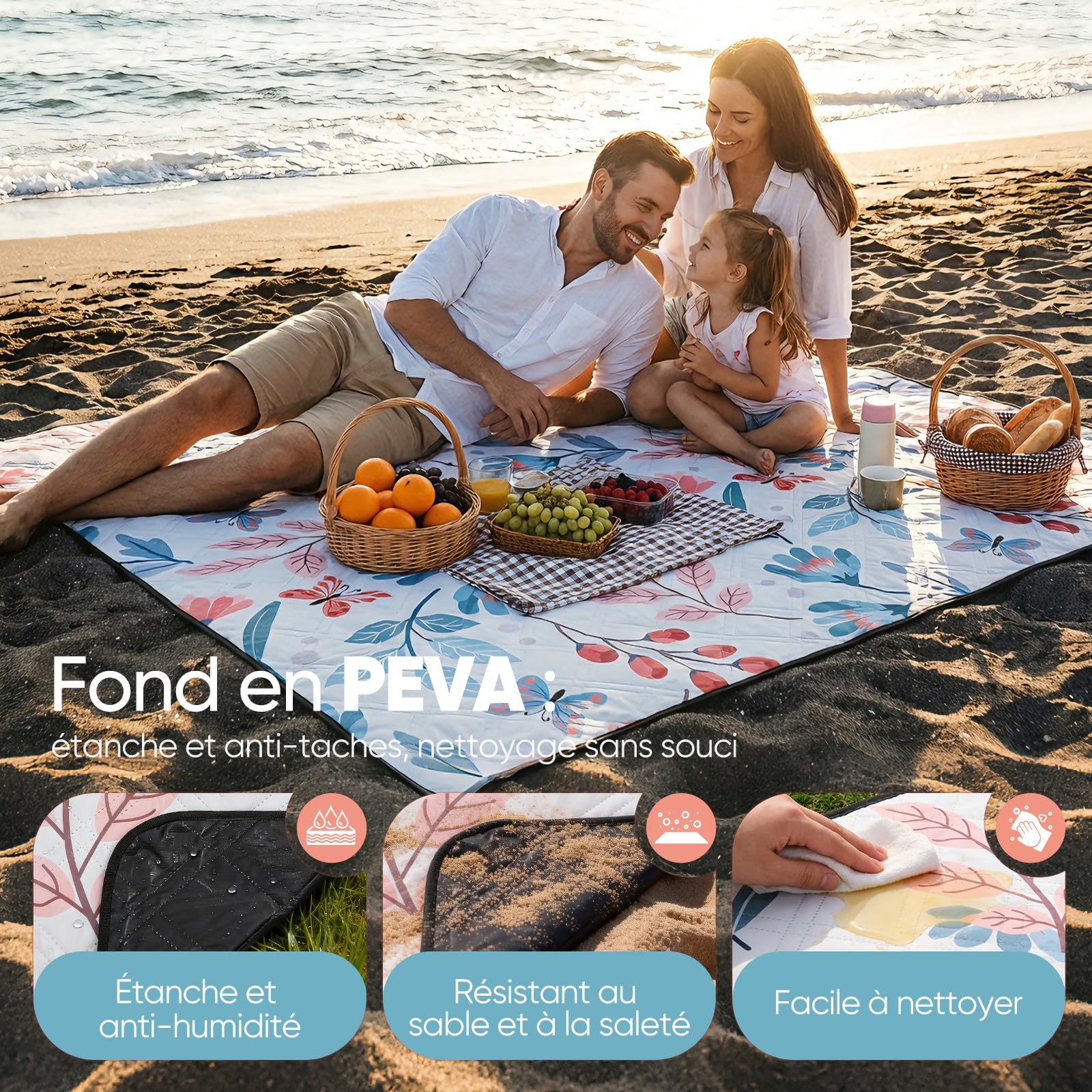 Sekey Couverture de Pique-Nique Grande 200x300 cm Tapis de Pique-Nique Imperméable Antisable Rembourrée Trois Couches Fond PEVA Ceinture de Portage pour Pique-Nique, Camping, Plage