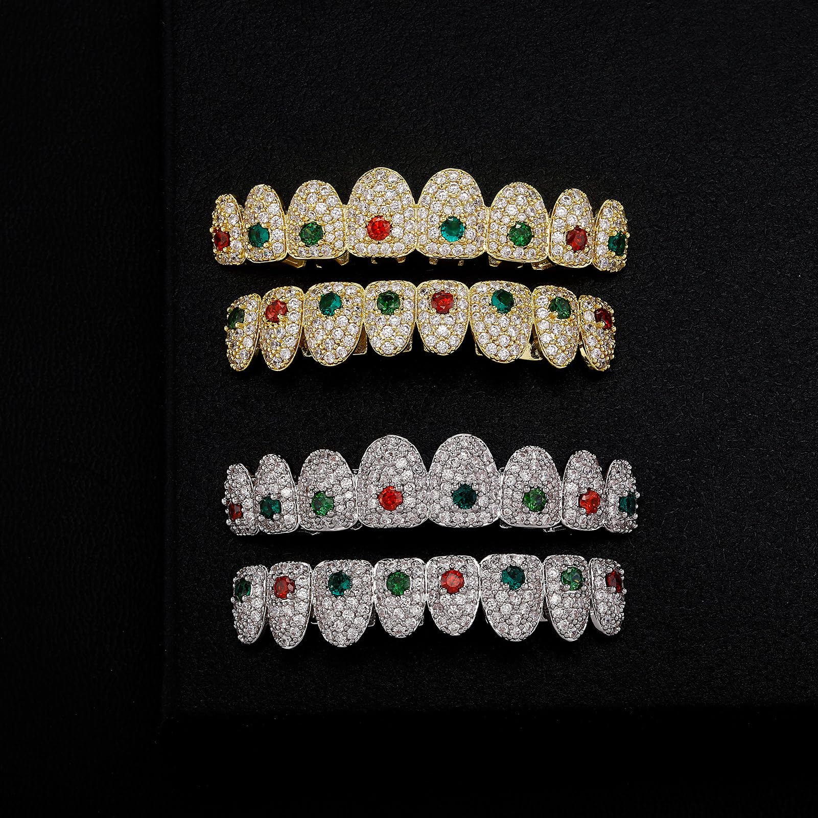 Iced Out Grillz dla mężczyzn i kobiet – hip-hopowe akcesoria do zębów w srebrnym i złotym stylu, ustnik do kostiumu rapera, z silikonowymi listwami, idealny do górnych zębów, stylowa błyszcząca moda