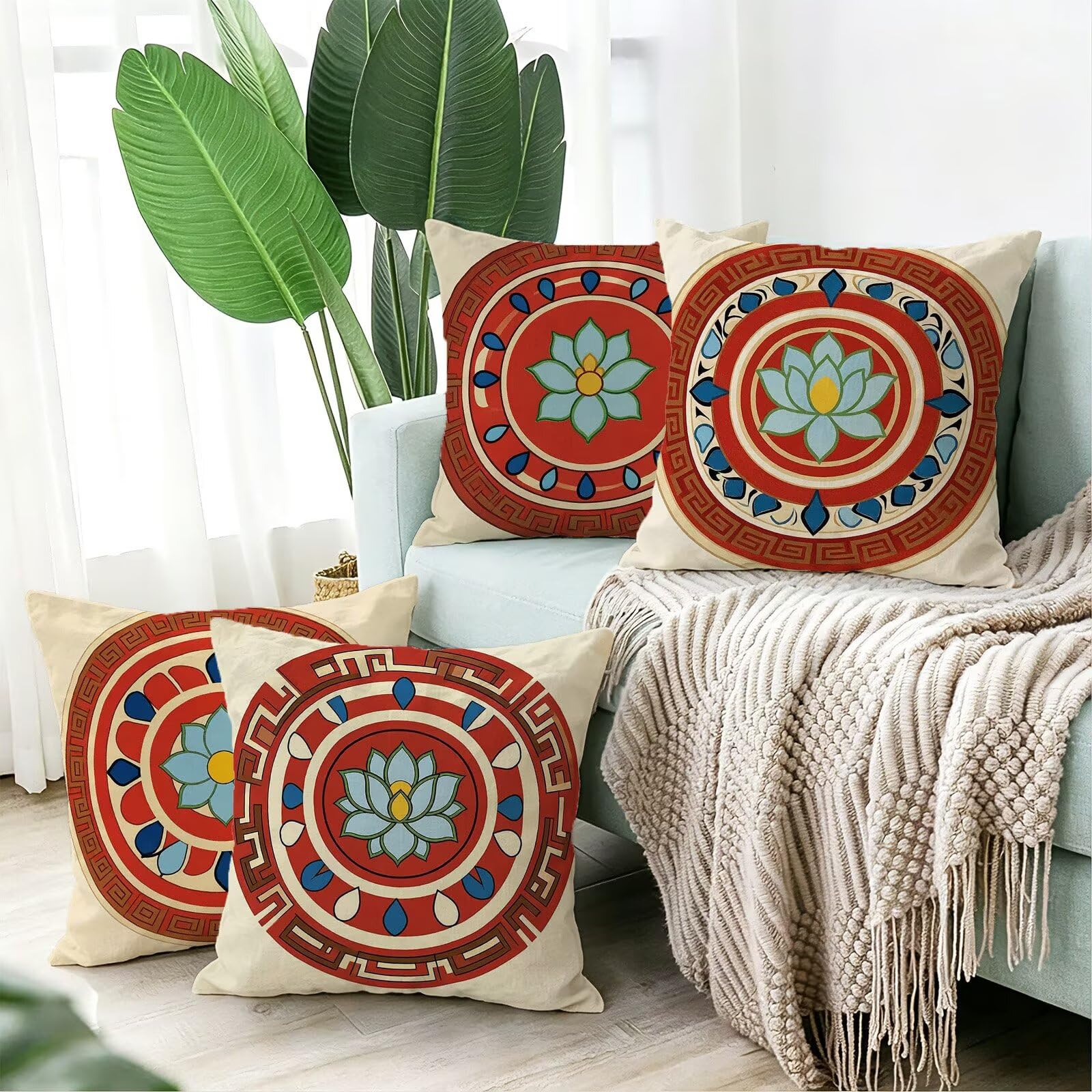 Rosso Federe Cuscini Divano 40x40cm, Cuscini da Esterno Set de 4, Cod-154 | Lin Copricuscini Decorativi Letto Arredo, per Letto, Soggiorno, Giardino, Esterno, Casa Decorazione Set di 4 Retro