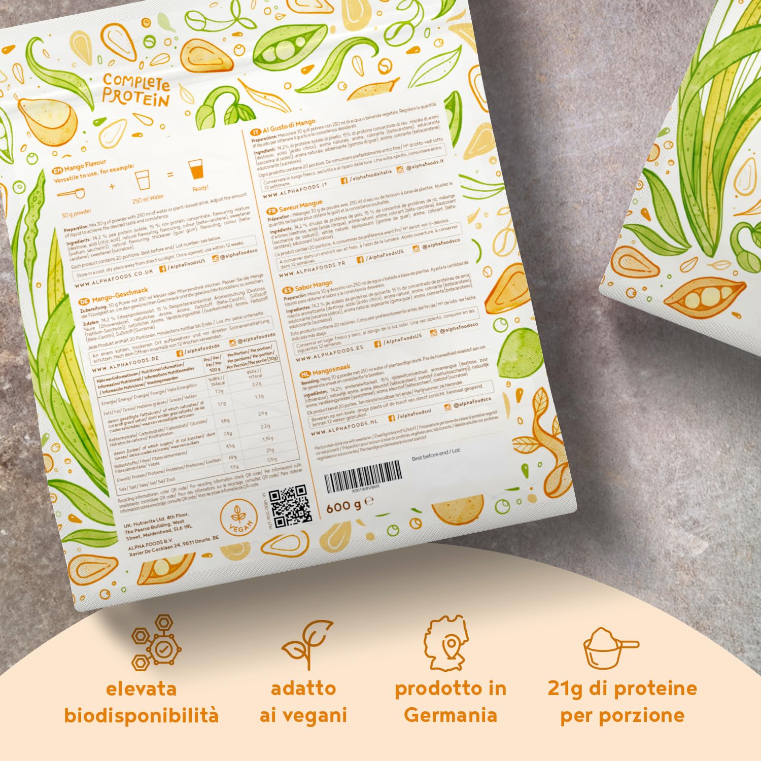 Proteine in Polvere Vegane | Gusto Mango | 21g Proteine Vegetali Isolate in Polvere di Pisello e Riso | Massa Muscolare | 600g Vegan Protein Powder | Alpha Foods