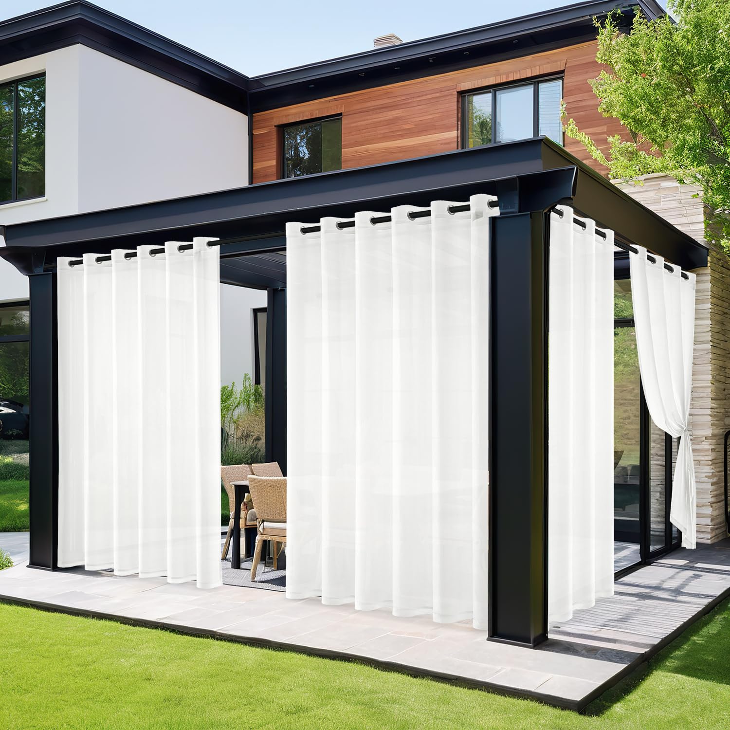 MIULEE Rideau d'extérieur Transparent résistant aux intempéries avec œillets Imperméable Protection Solaire pour pavillon, terrasse, pergola, Balcon, Jardin L 137 x H 215 cm, 2 Panneaux, Blanc