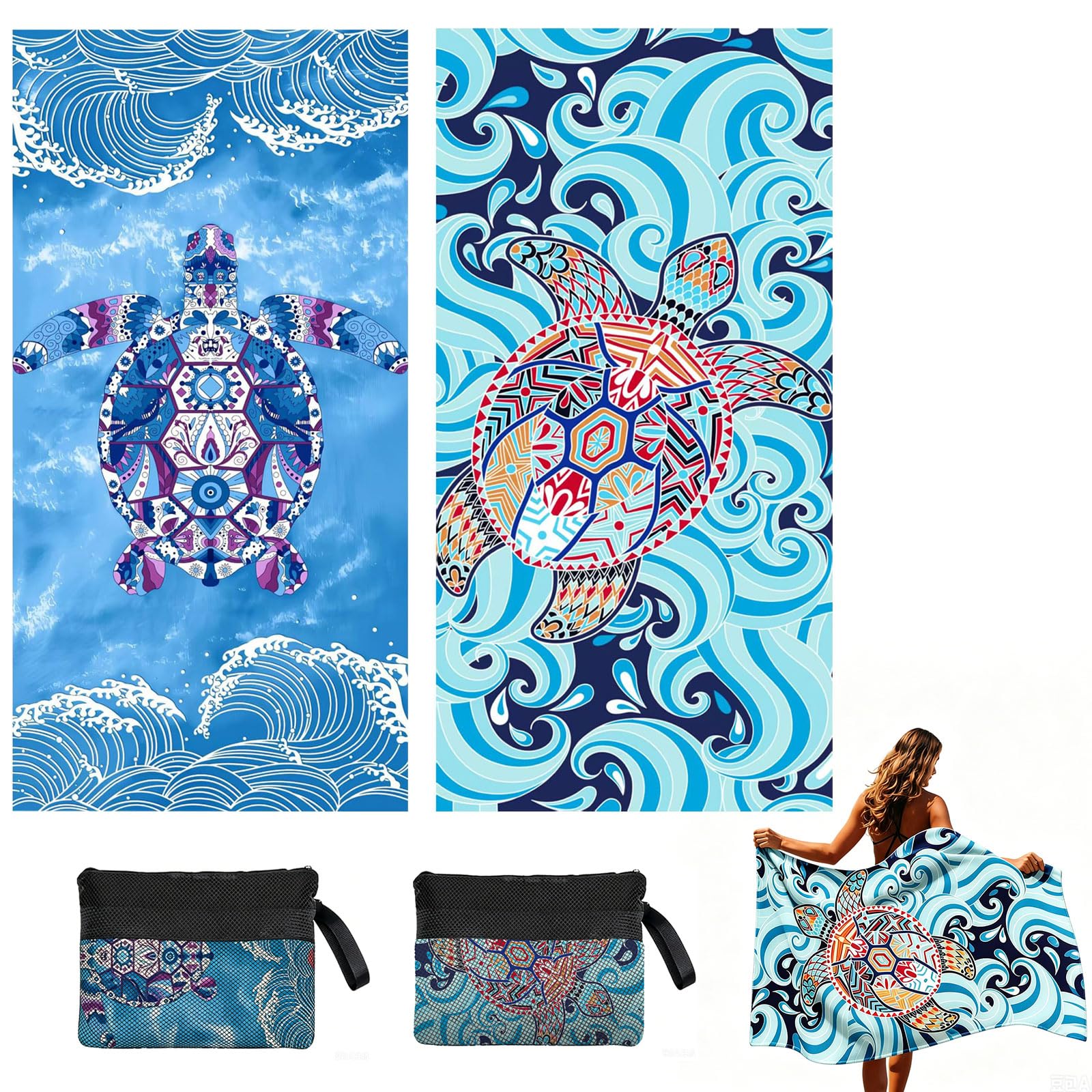 Luckezo 2 Pack Thin Lightweight Microfiber Beach Towel, Oversized 180 x 90 cm Big Extra Large Microfiber Sand Free Towels, for Travel Sports Pool Swimming Bath Camping Yoga Girls Women Men Adults