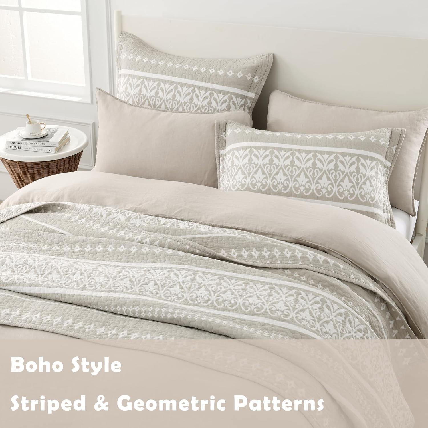 Boho Quilt Set King Size - Boho Striped Quilt Bedding Set - 100% Cotton Quilt Set with Shams 3 Piece - All-Season Lightweight Quilt Coverlet & Bedspread Set - Beige and White | Soft, Breathable - Image 4