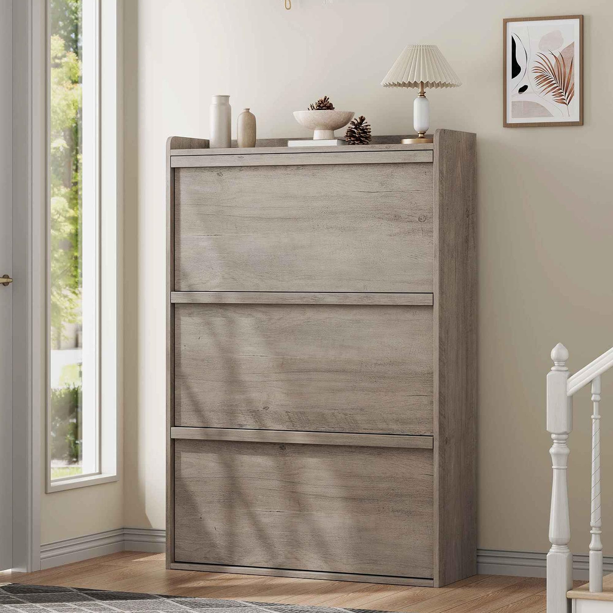 GarveeHome Shoe Cabinet with 3 Flip Drawers, Wooden Shoe Organizer Cabinet with Adjustable Shelf, Shoe Storage for Entryway, Hidden Shoe Cabinet for Hallway, Living Room, Grey