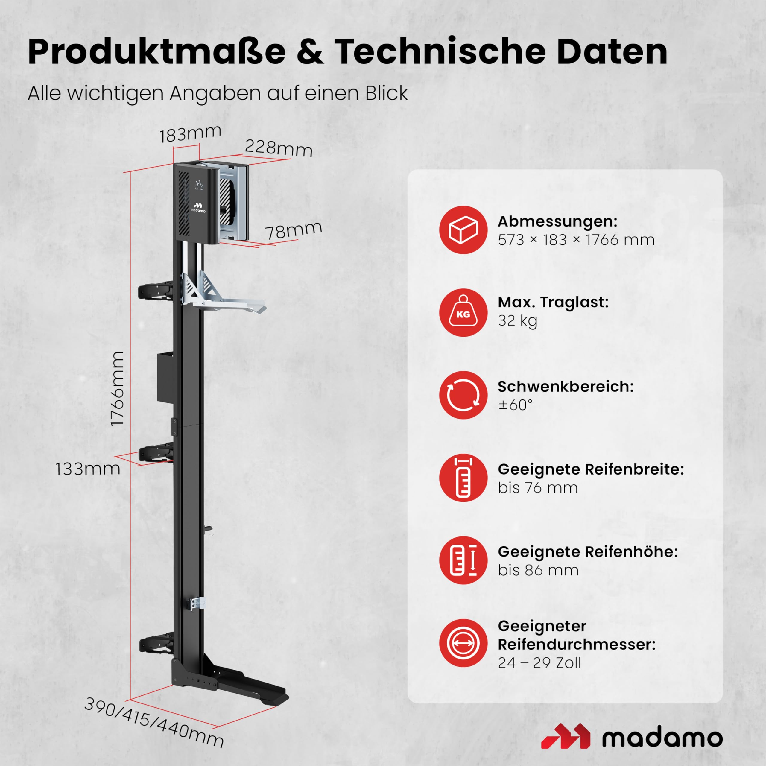 MADAMO Fahrradlift schwenkbar - Fahrrad Wandhalterung vertikal bis 32kg - Fahrradaufhängung Wand - Bike Wall Mount für Garagen Ordnung - Für alle Fahrradtypen inkl E-Bike, MTB & Rennrad - Schwarz/Rot