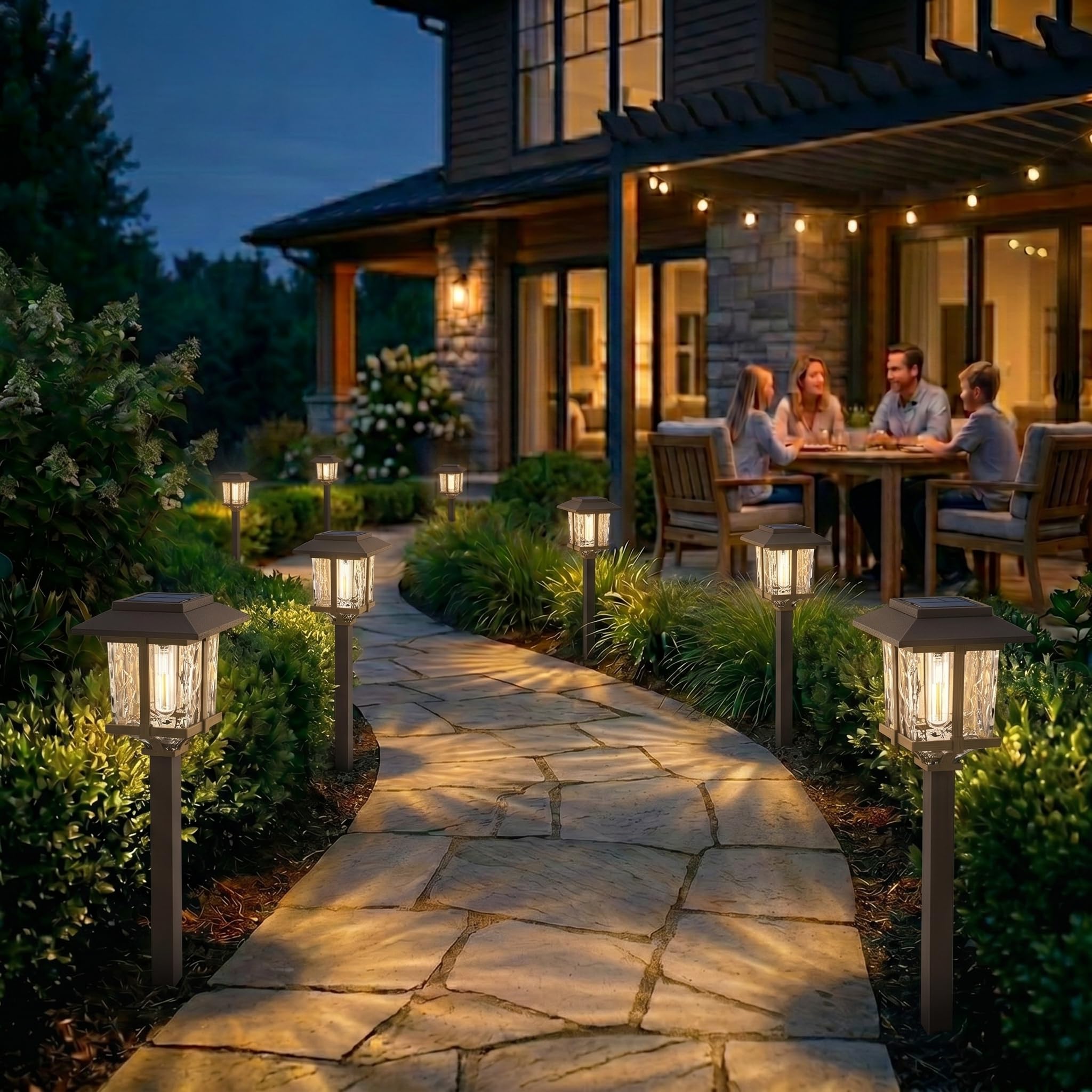 XMCOSY+ Solarleuchten für den Außenbereich, wasserdicht, 2 Farben, Bronze und Holz, 15 lm, LED, automatisches Ein-/Ausschalten, Glas, Outdoor-Solarleuchten für Garten, Weg, Gehweg, Auffahrt, 6 Stück