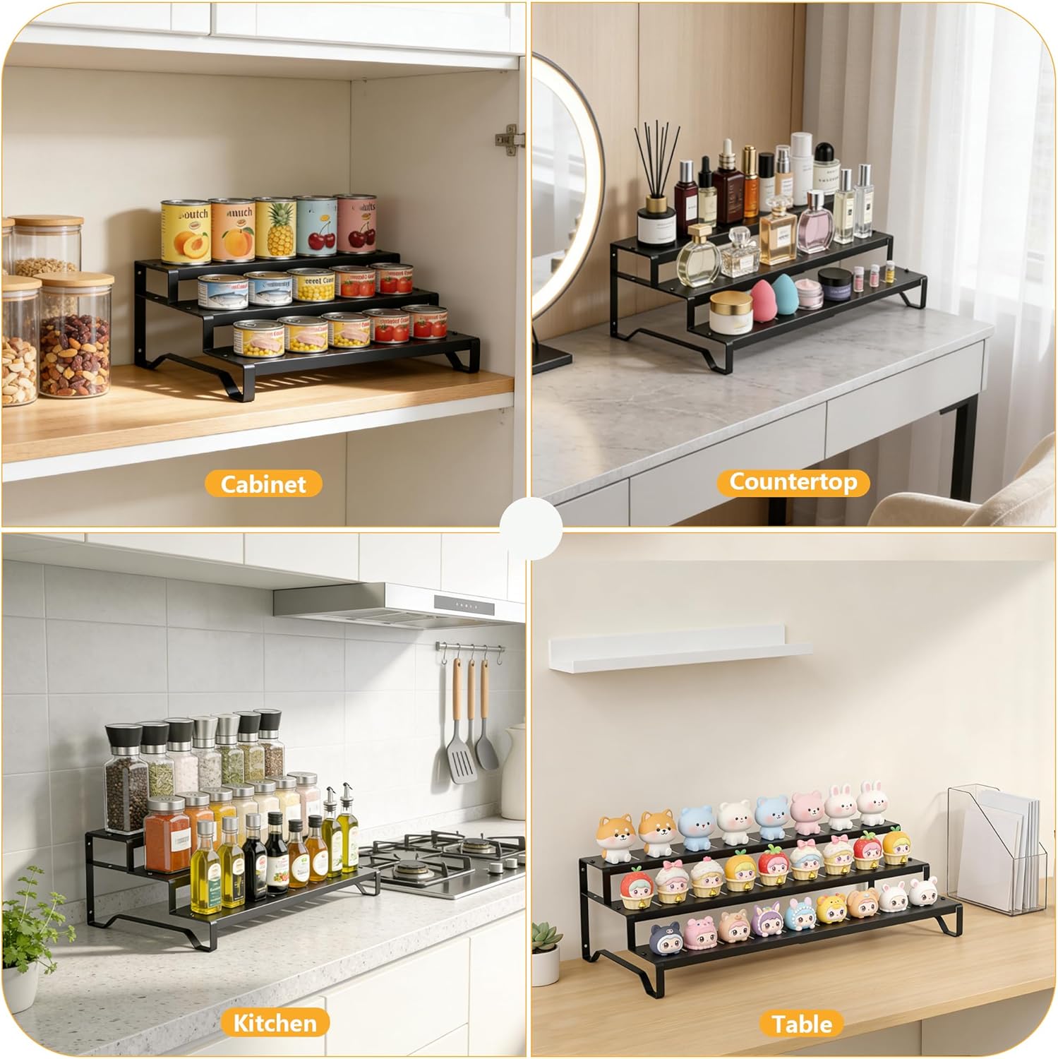 Attelite 3 Tier Expandable Can Rack Organizer for Pantry, Adjustable 13"-21" Metal Soda Can Organizer, Pantry Organization Canned Food Storage Holder for Kitchen Cabinet Countertop, Black 1Pack