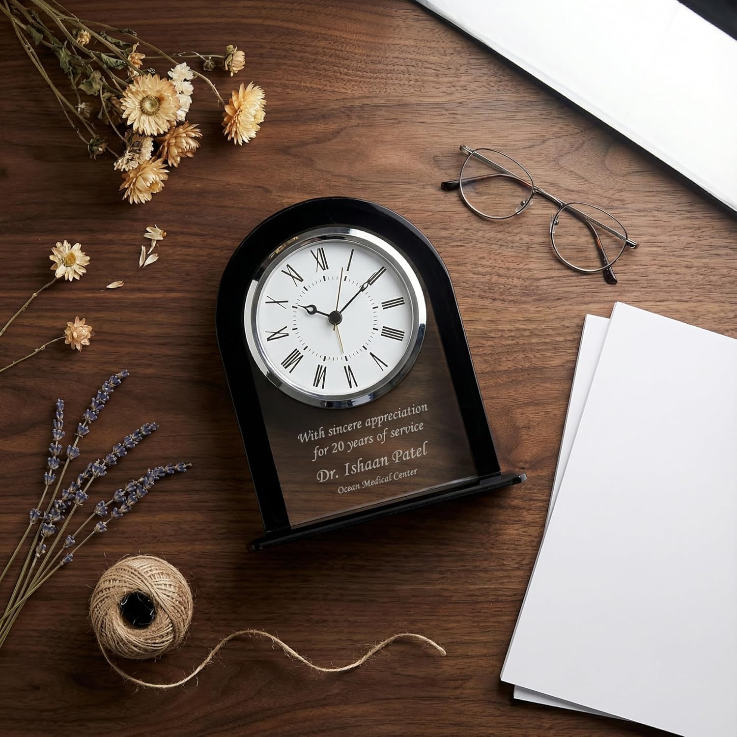 Personalized 6 1/4" Black and Clear Glass Arch Clock, Custom Engraved Battery Operated Desk Clock for Employee Appreciation, Recognition, Retirement Award