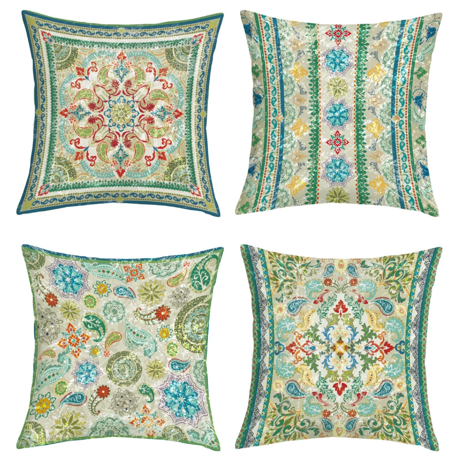 Joymaison Boho Oriental Mandala Floral Cushion Covers 40 x 40 Pack of 4 Vintage Paisley Geometric Flower Leaves Square Throw Pillow Case Decorative Sofa Cushion with Invisible Zipper