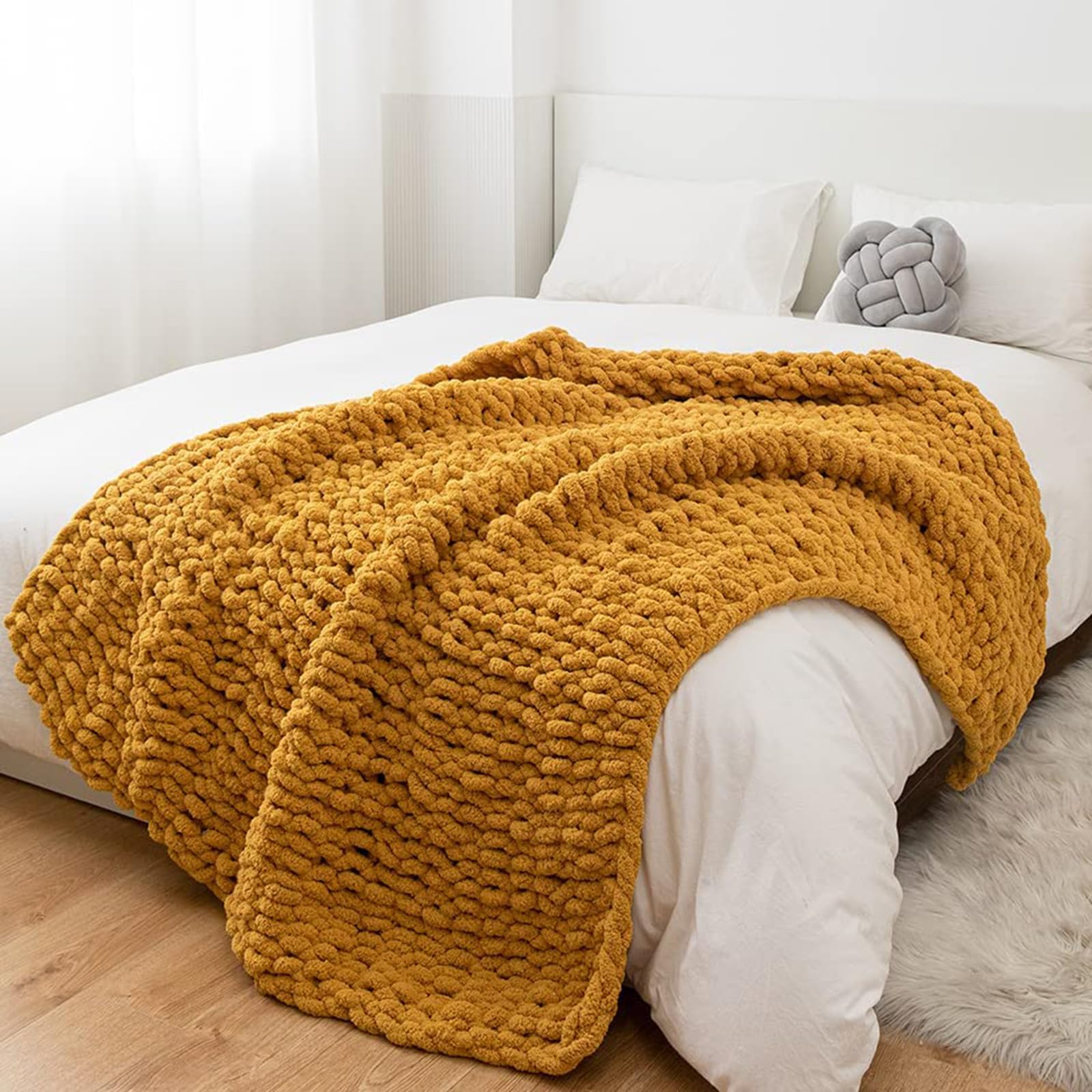 YAAPSU, Coperta in ciniglia lavorata a maglia grossa, 129,5 x 160 cm, per divano e letto, morbida coperta a maglia grossa, coperta spessa intrecciata all'uncinetto, con grandi nodi in corda (blu navy