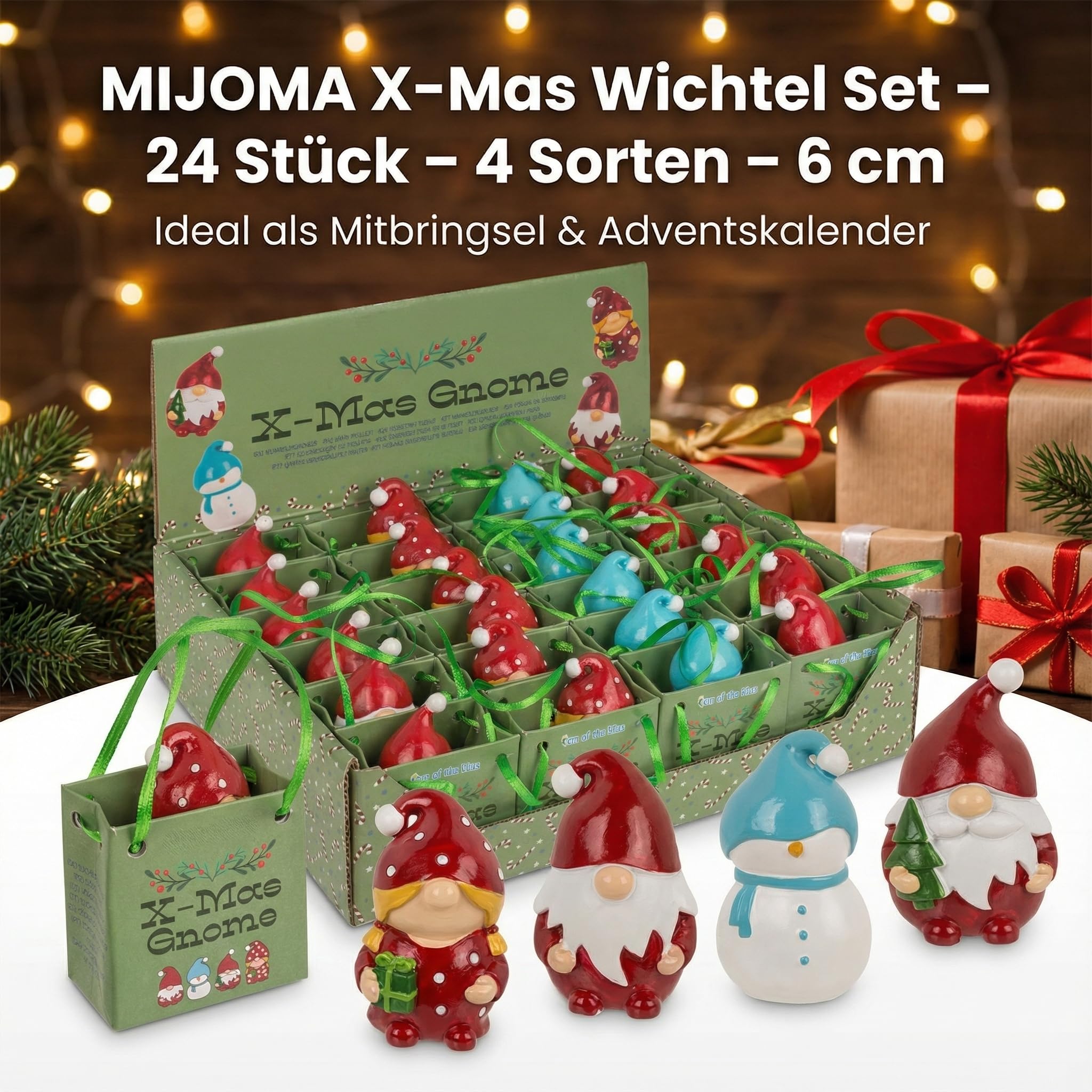 MIJOMA X-Mas zestaw 24 sztuk – dekoracja bożonarodzeniowa figurki z żywicy poliestrowej na wystawie – 4 rodzaje – 6 cm wysokości – pakowane pojedynczo – idealne jako upominek na adwent Mikołajki