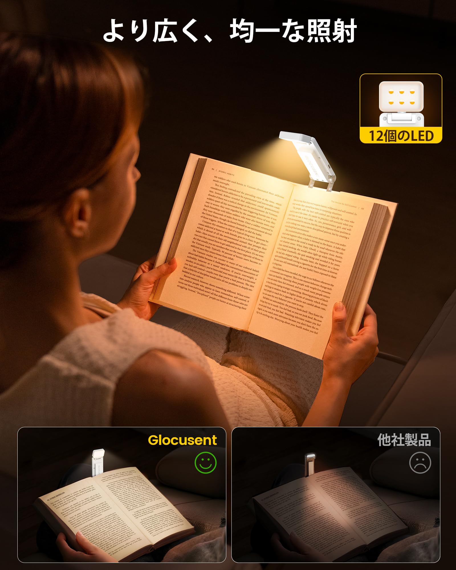 Amazon.co.jp: Glocusent 読書灯 12個LED 充電式ブックライト ベッド用