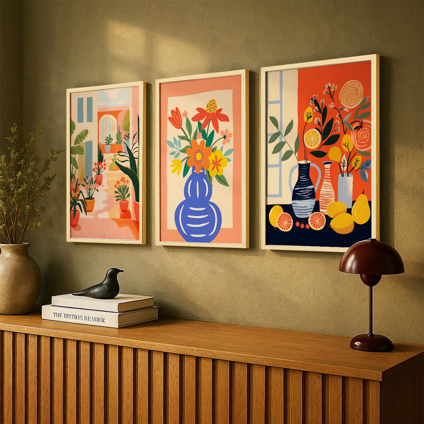 SoulAbiti Sunny Still Life Botanicals set of 3 Framed Wall Print 12x18 inch Light Brown Frame Plexi-Glass Floral Art ready to hang for living room bedroom office decor