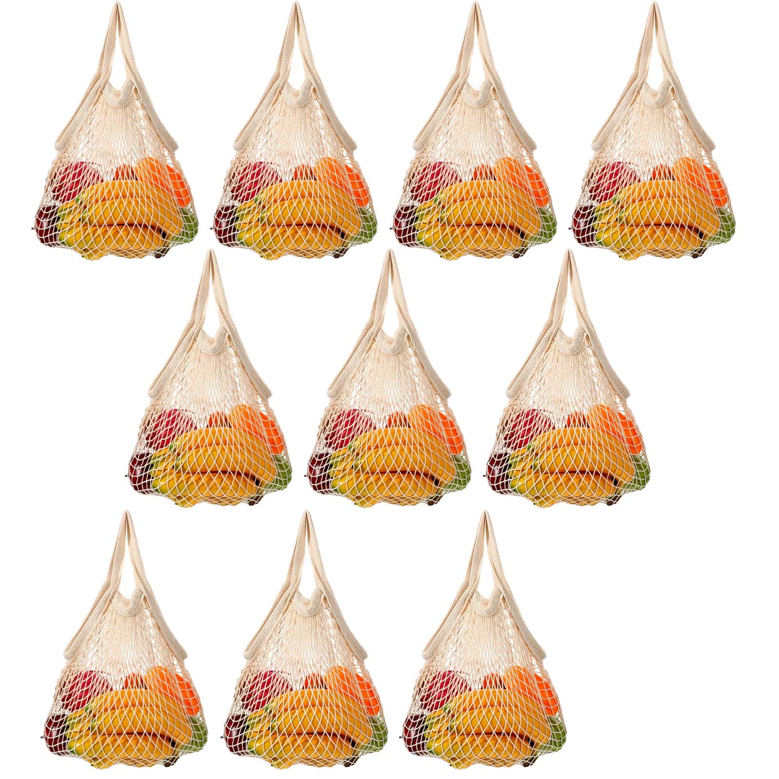 Lemecima 10 Pieces Reusable Mesh Grocery Bags Portable Cotton Produce Containers Washable Net Mesh Reusable Tote Bag with Handle String Shopping