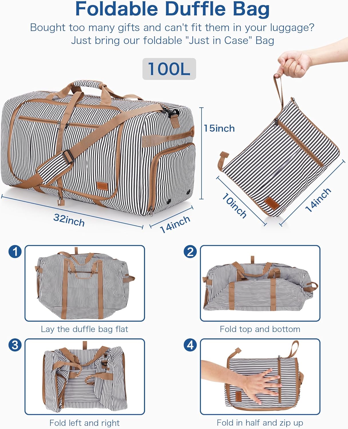 100L Travel Duffle Bag for Men, Urtala 32” Large Duffle Bag for Traveling with Shoe Compartment, Foldable Travel Duffel Bag Weekender Bag Gym Bag for Men Women Water & Tear Resistant (Stripe, 100L) - Image 2