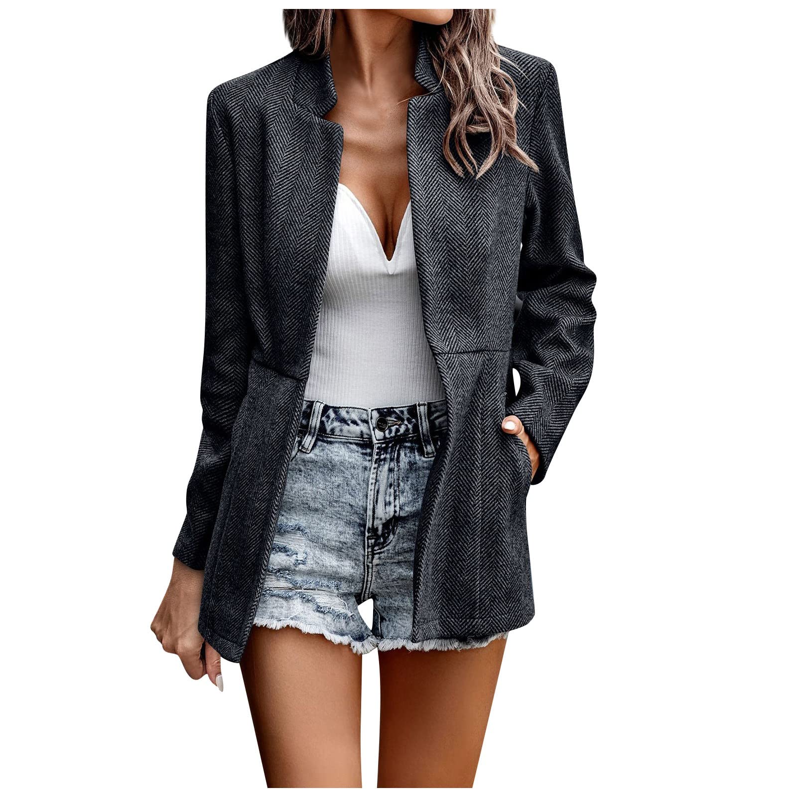 Blazer Damen Elegant Übergangsjacke Mit Taschen Jacke Langarm Mantel