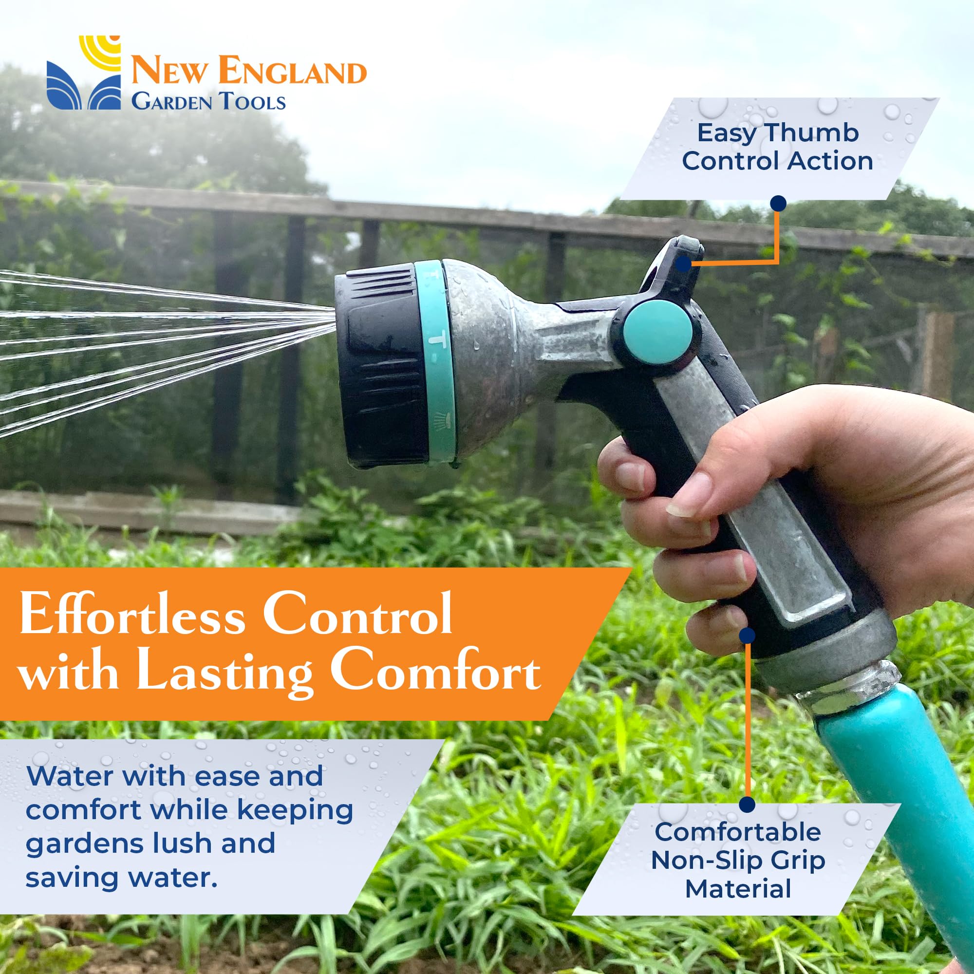 Boquilla de manguera de metal de alta presión resistente con 8 patrones 500011 con control de pulgar y mango extendido, agarre cómodo por New England Garden Tools para limpiar, regar plantas y patios,
