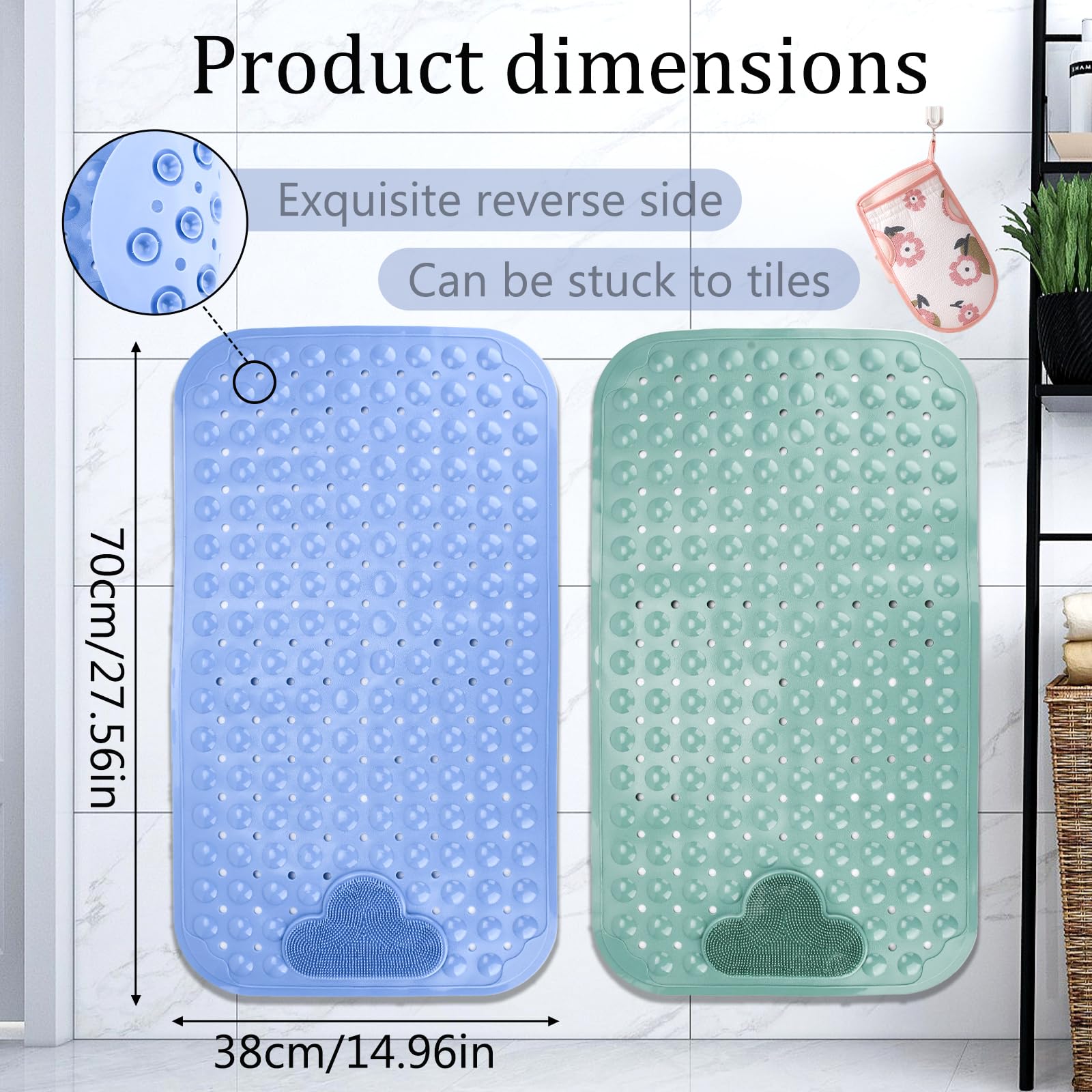 JOYBOY Tappeto Doccia Antiscivolo, 2pcs Tappetino da Vasca Antiscivolo(70x40 cm) con Ventose e Fori di Drenaggio, Morbida TPE per Vasca, Bagno(con Guanto da Bagno)