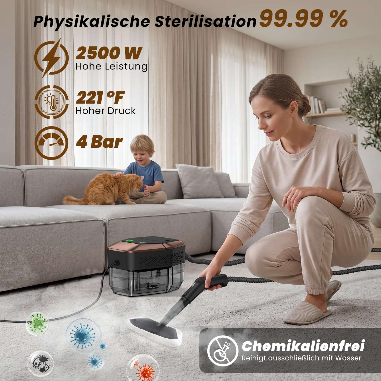 14 en 1 Nettoyeur Vapeur, 3 Niveaux Poignée Réglable, Affichage Température, 15s en Chauffe,1,8L Réservoir, pour Cuisine, Salle de Bain, Voiture et Meubles (Noir et Or)