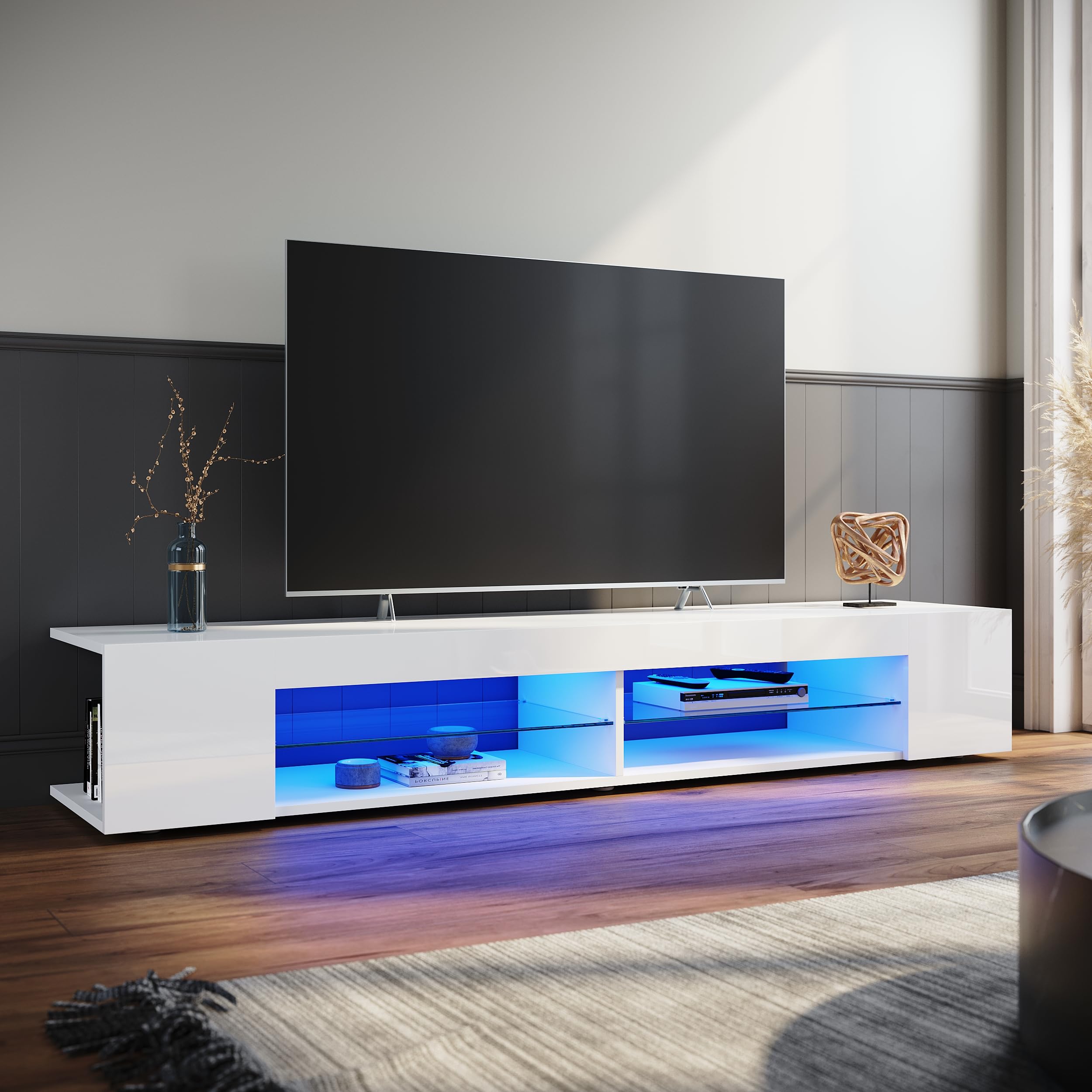ELEGANT TV Stand Cabinet Unit with 16 RGB LED Lights, High Gloss Modern White TV Stand with Open Glass Storage Shelves and 2 Rear Storage Compartments for Living Room, Bedroom 1800x390x300mm