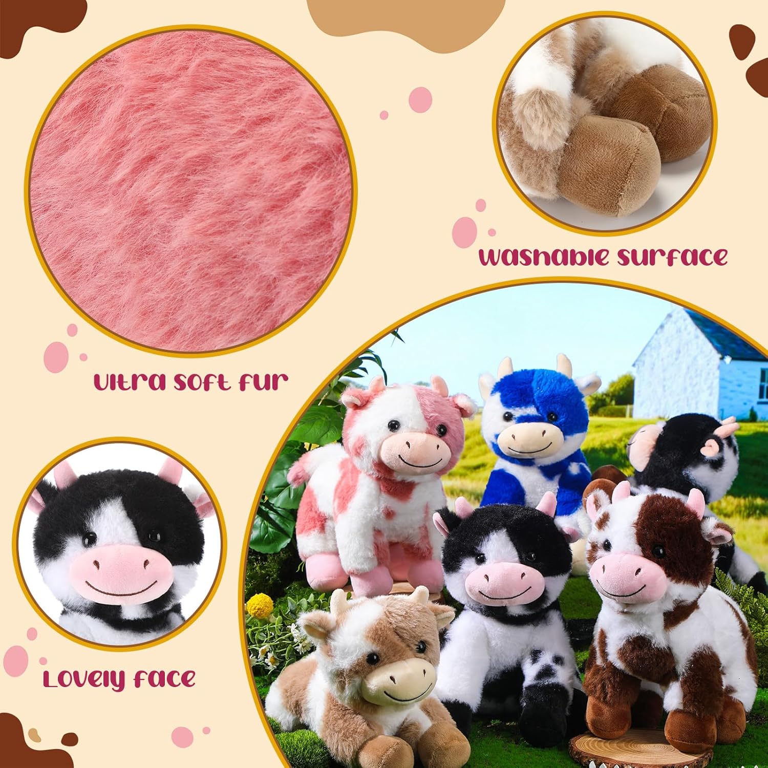Syhood 6 Pcs Cow Stuffed Animals Set, Stuffed Cow Plush Bulk Gift Animal Plush for Birthday Boys Girls Christmas Party Graduation Kid Toddler Home Decor