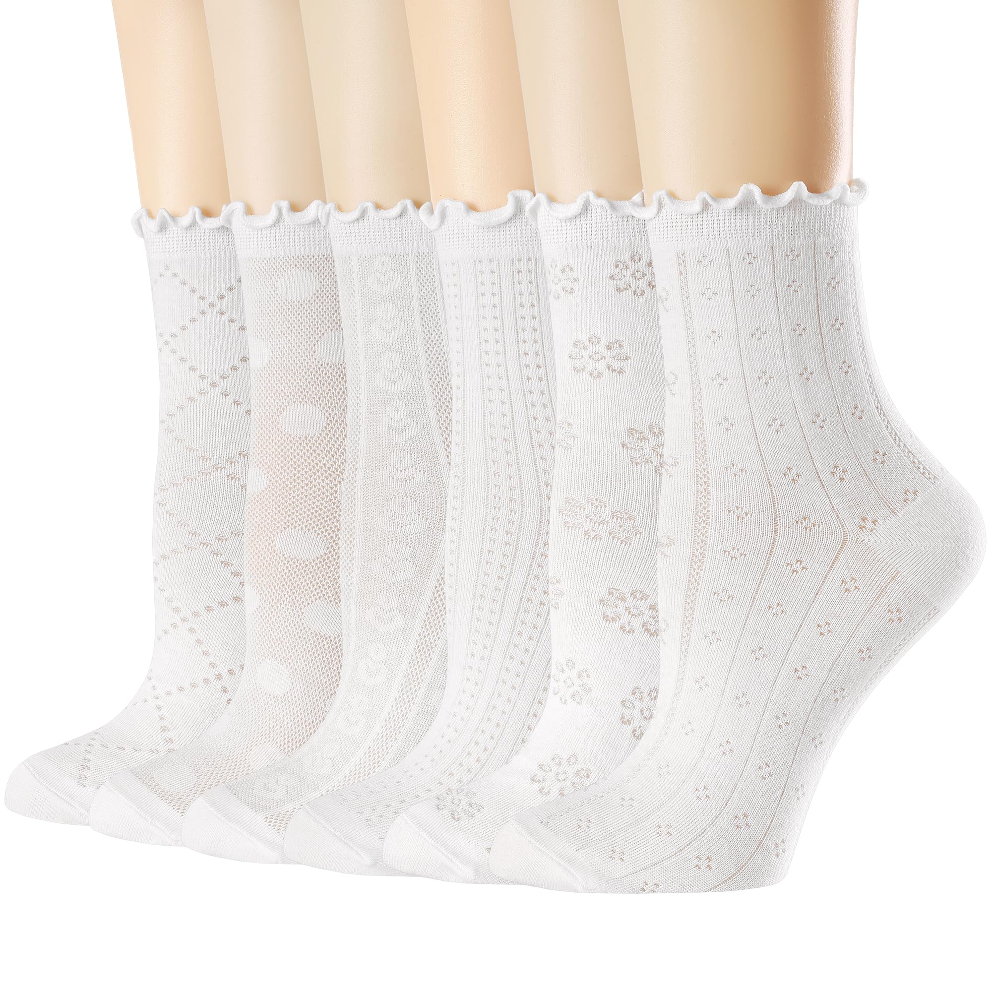 Mcool Mary Women's Ruffle Socks Mesh Casual Lace Cotton Crew Summer Ultra Thin White Frilly Ankle Socks for Women 6 Pairs