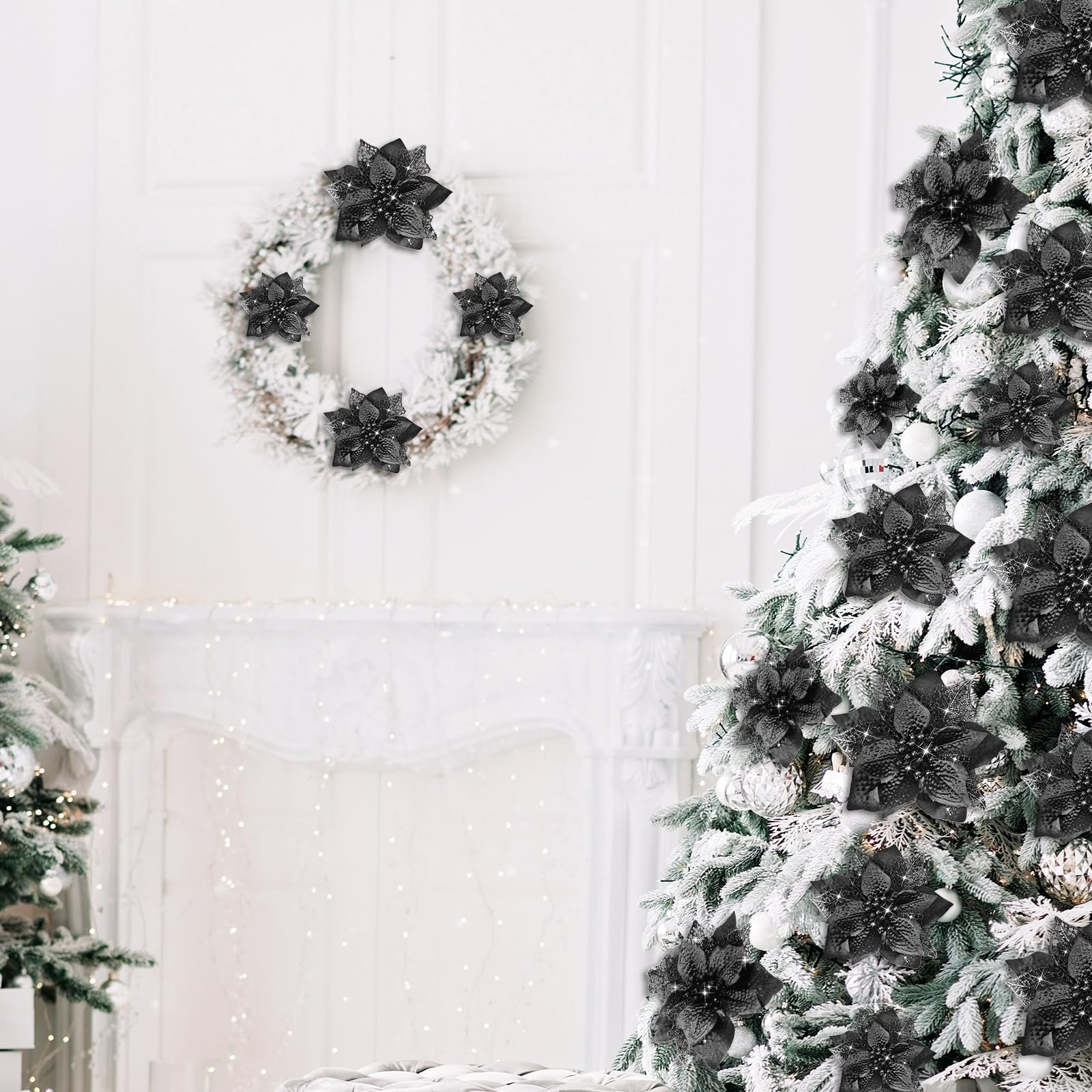 Boao 24 Pieces Christmas Glitter Poinsettia Flowers Artificial Xmas Flowers Wedding Christmas Tree New Year Ornaments (Black) - Image 4