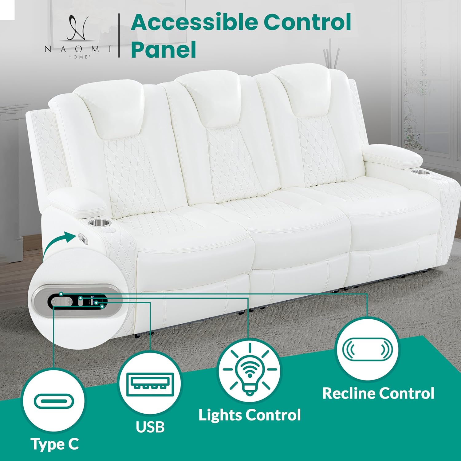 Chicago Home Theater Recliner Bluetooth Wireless Charging Power Recline LED Cup Holders Faux Leather