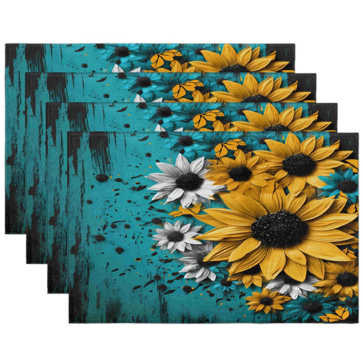 Set di tovagliette in lino a scacchi verdi con girasoli luminosi