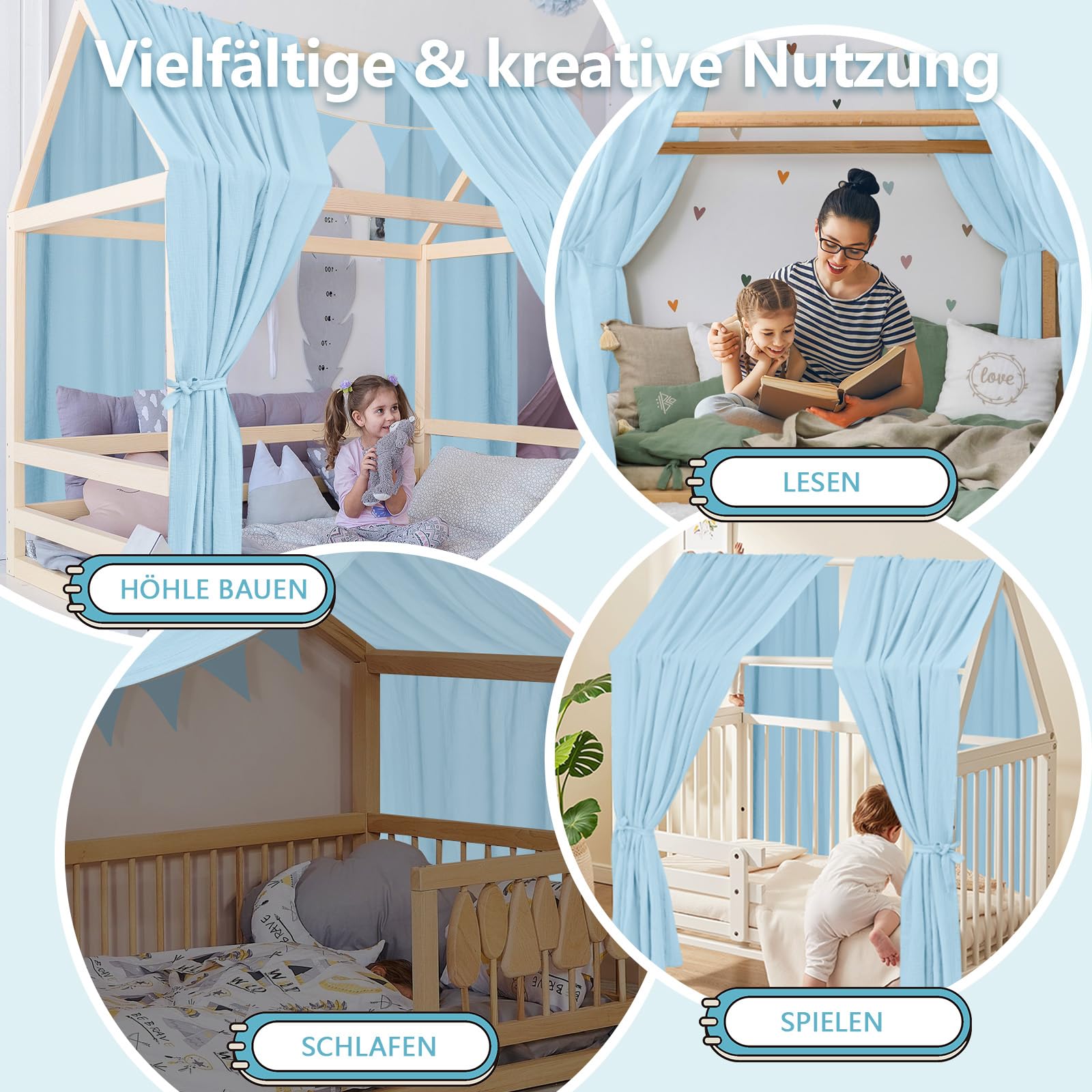 Alishomtll Zestaw do dekoracji łóżka domowego, 2 baldachimy, 100% muślin bawełniany, girlanda z proporczykami 300 cm, do pokoju dziecięcego