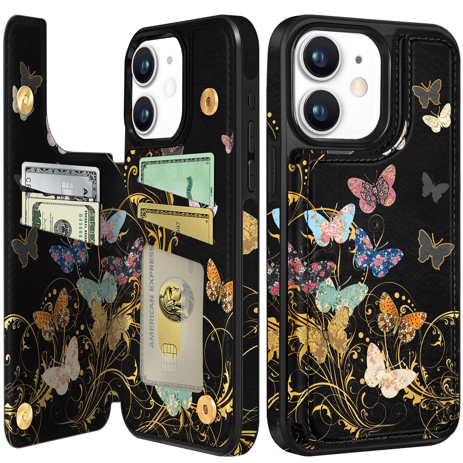 Shorogyt for iPhone 11 Wallet Case with Card Holder, Designer Golden Butterfly Pattern Kickstand Magnetic Clasp Back Flip Folio Leather Phone Cases for iPhone 11 for Women Men Girls