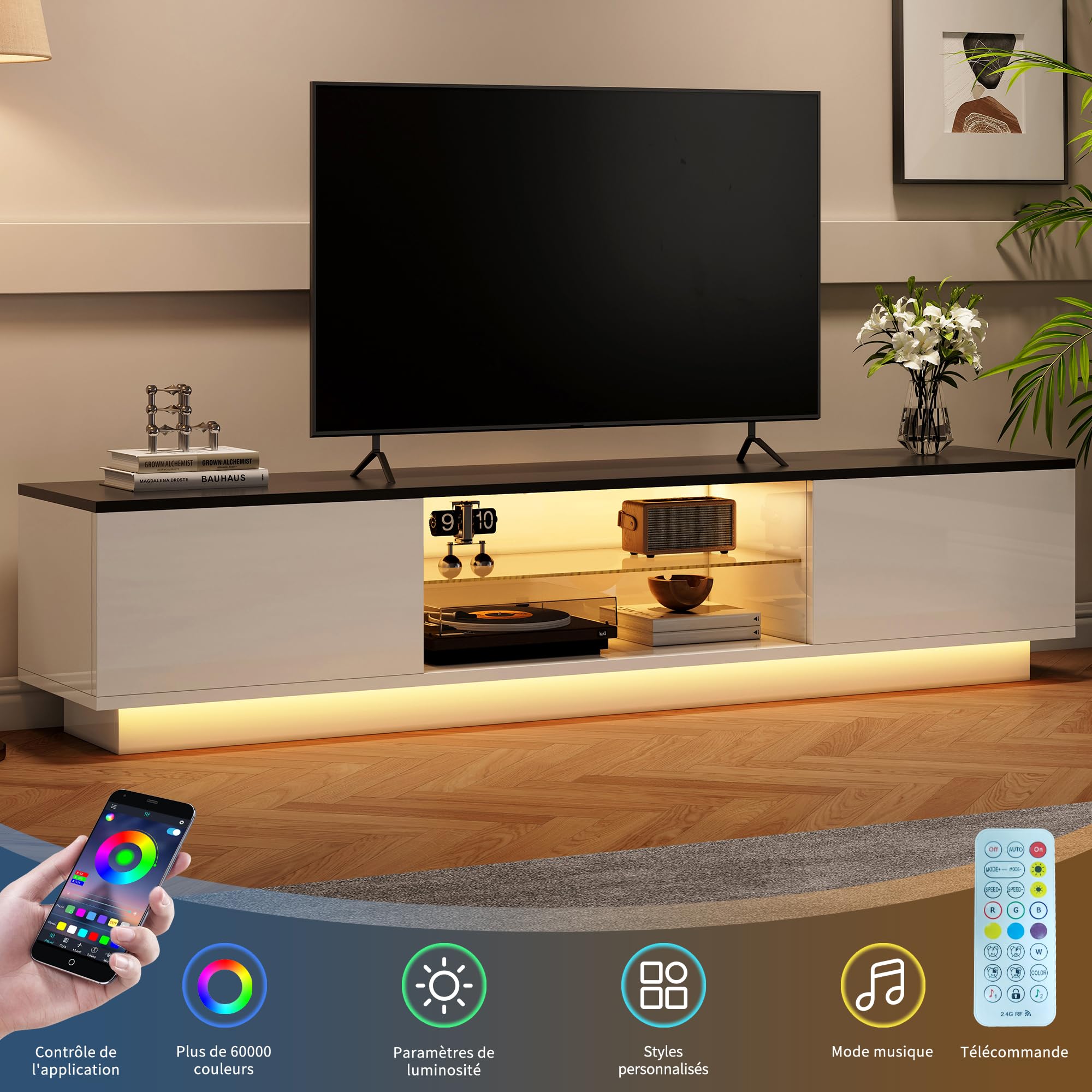 Meuble TV 160 cm, Meuble Tele avec Lumières LED, Banc TV Blanc avec Espace de Rangement, pour Télévision jusqu'à 65 Pouces, Design Moderne, Armoire-TV pour Salon, Chambre (Blanc-160 cm)