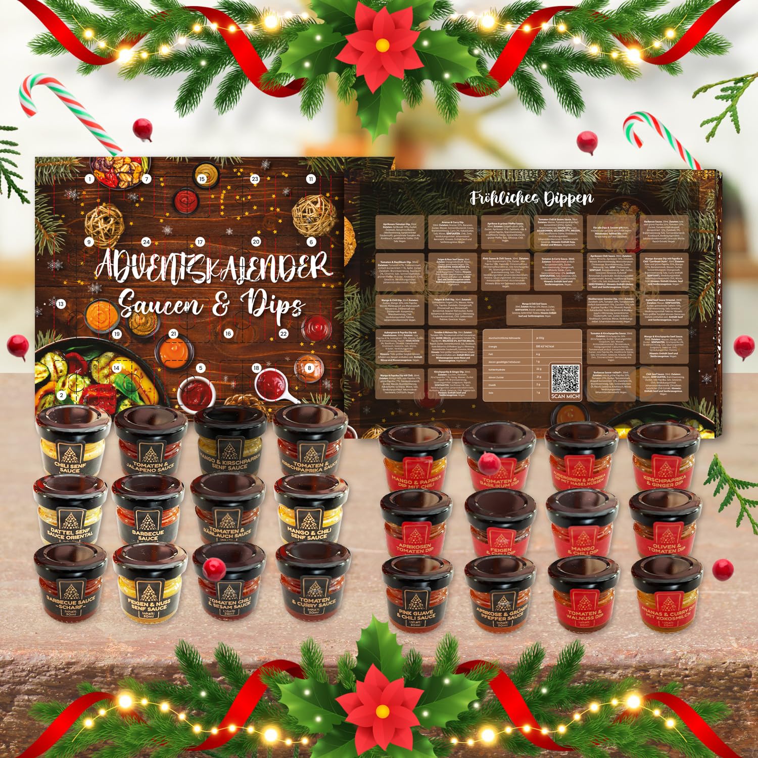 He-Ju Saucen Adventskalender 2025, 24 Saucen & Dips in 30ml Gläschen, BBQ über Dattel Senf Sauce u.v.m, Geschenk für Männer, Foodies & Grillfans, Handgemacht in Deutschland