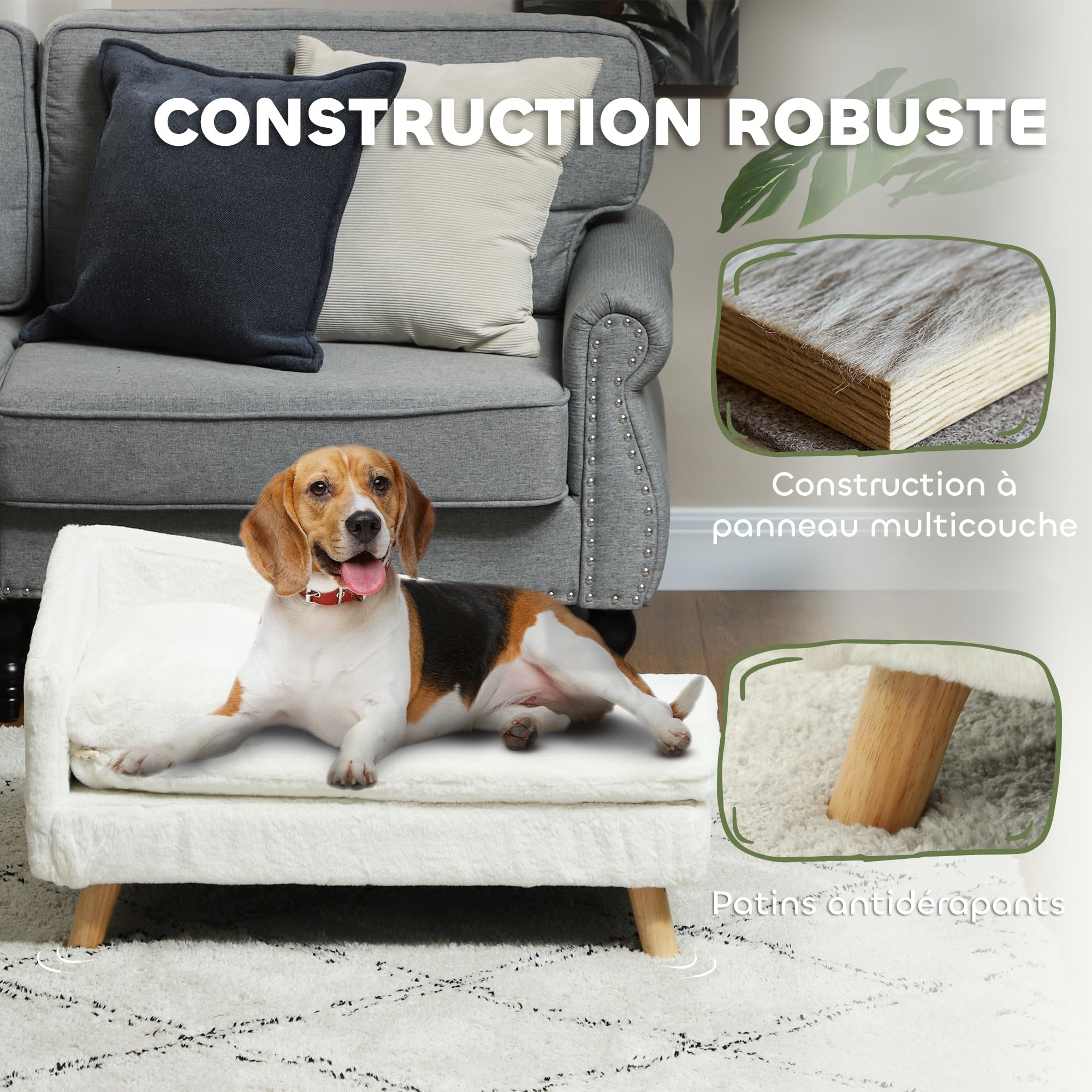 PawHut Canapé pour Chien, lit pour Chien Chat, avec Coussin Moelleux, Oreiller, Housses Amovibles et lavables, en Peluche, 70l x 42,5P x 38,5H cm, crème