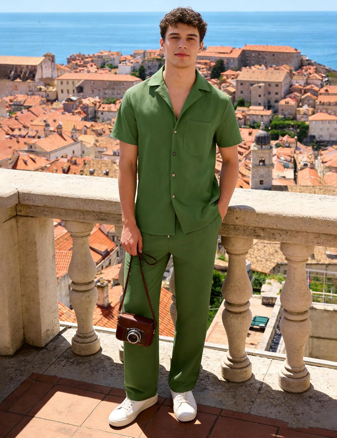 UOUA Mens 2 Piece Linen Set Summer Beach Button Down Short Sleeve Shirt Long Pant Vacation Casual Outfit - Image 4