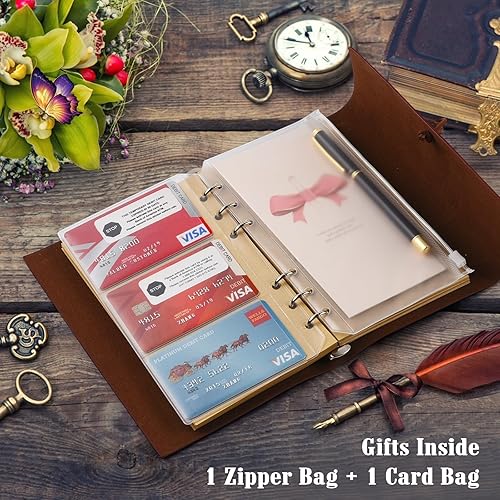 Vista 29 de Cuadernos de cuero con páginas en blanco, diario vintage recargable para escribir, diario de viaje personal, cuaderno de bocetos para escribir