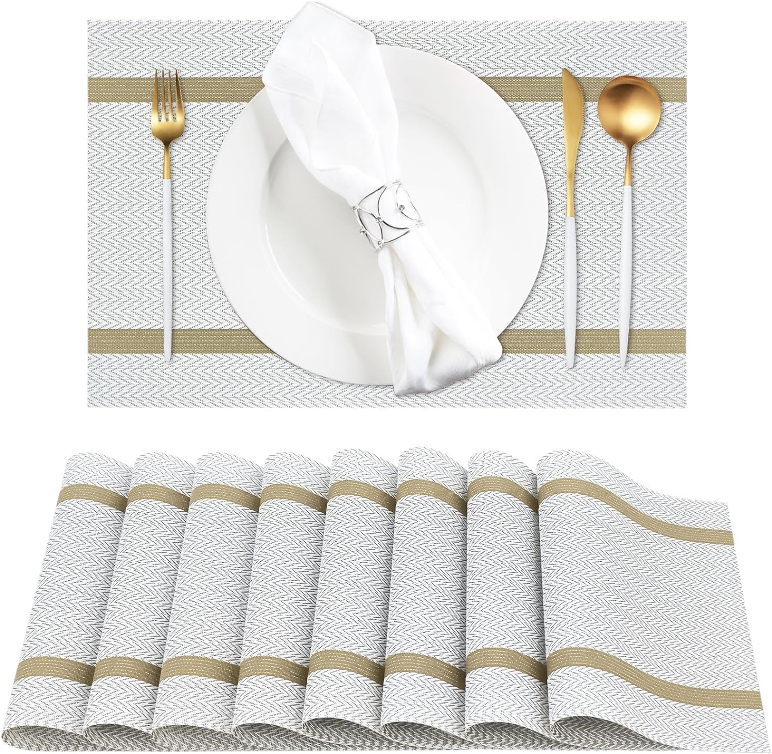 FIDEO White Woven PVC Placemats Mats Set of 6 | Heat Resistant Non Slip Washable Dining Table Mats | Table Place Mats for Kitchen, Dining, Room, Home, Restaurant, Table Protection