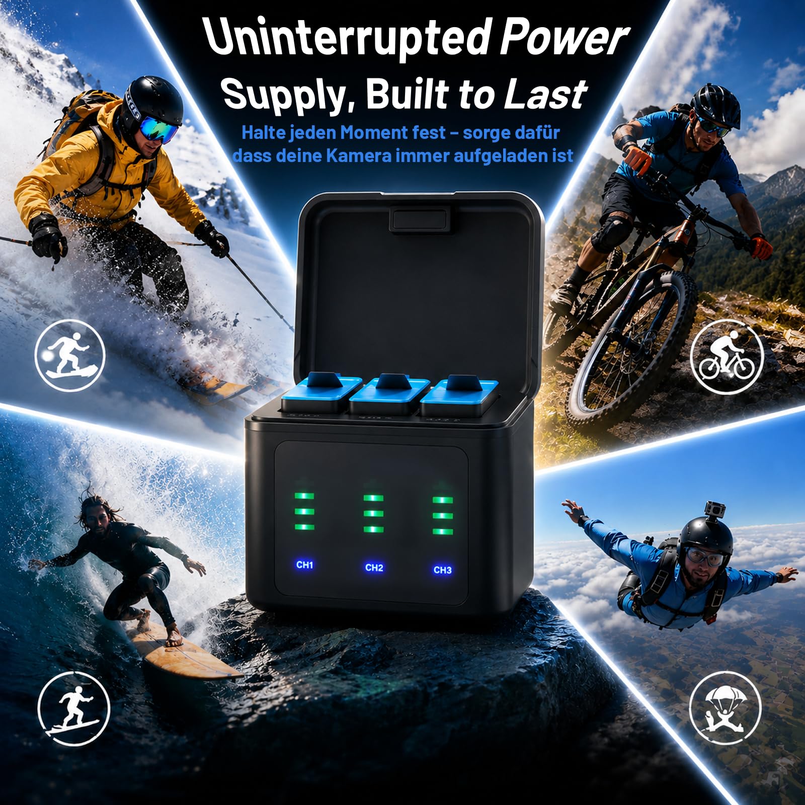 3er-Pack 2026 Upgrade 2580 mAh Hero 12 Akku und LED 3-Kanal-USB-Ladegerät, Hochleistungsakku für GoPro Hero 12/11/10/9 Black Enduro wiederaufladbare Kameras mit Typ-C-Datenkabel