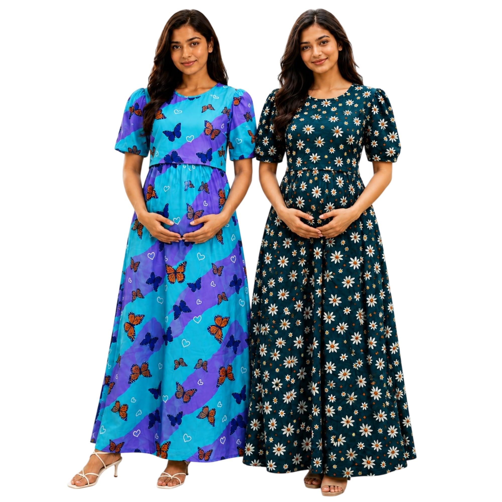 JRP Creation Women's 100% Cotton Zipless Feeding Maternity Nighty Pack of 2 | Pull Up Nursing Night Dress, Feeding Wear Back Tie with Side Pocket | Sky Blue & Green | Size - XL-image-13